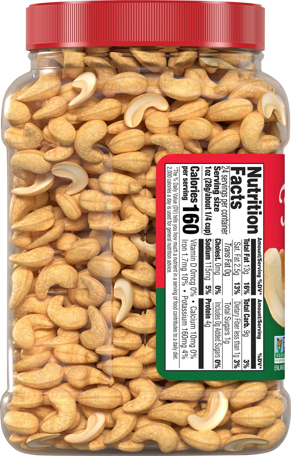 Fisher Snack Oven Roasted Never Fried Whole Cashews, 24 Ounces