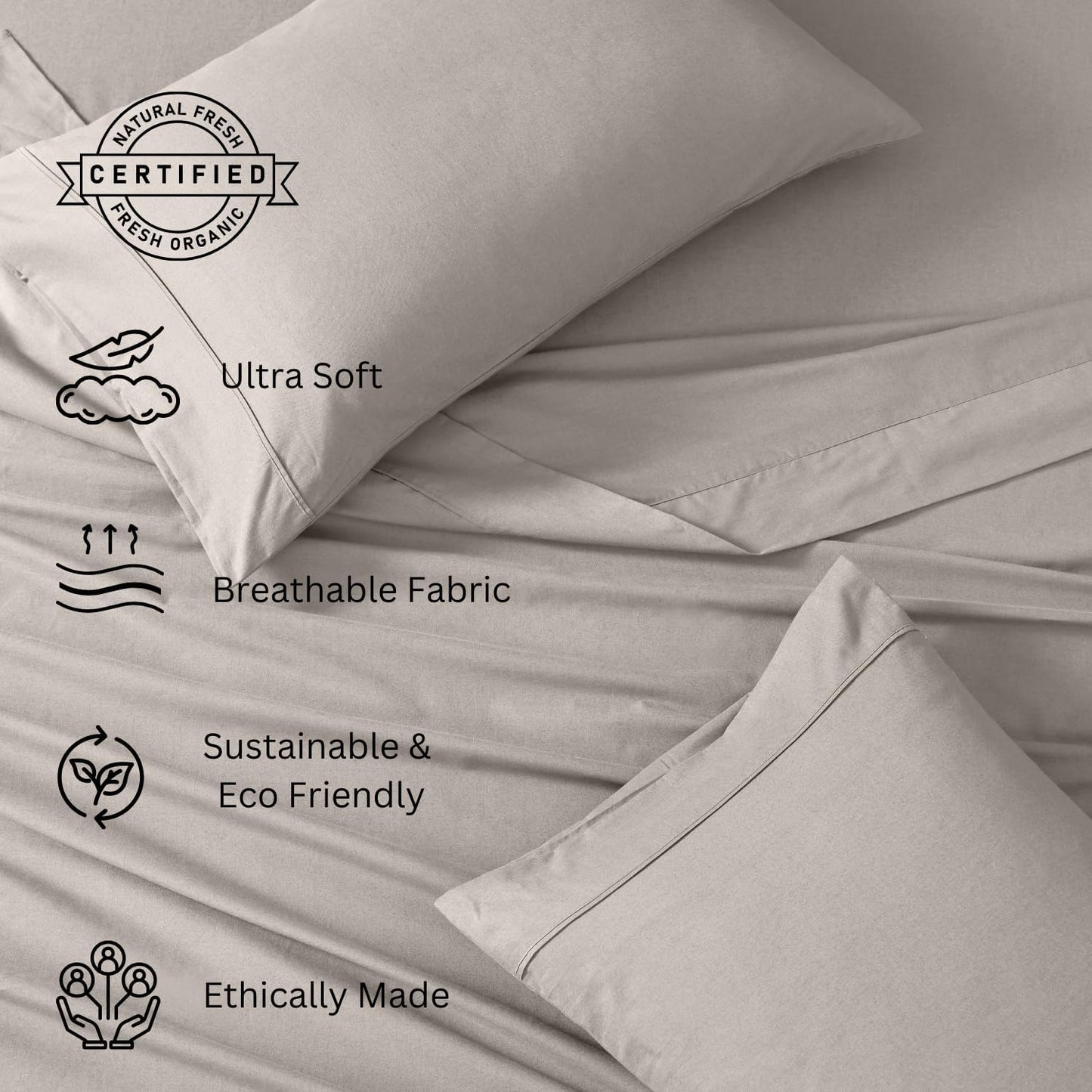 100% Organic Cotton King Sheet Set, 4Pc Cotton Sheets King Size, Percale Sheets,