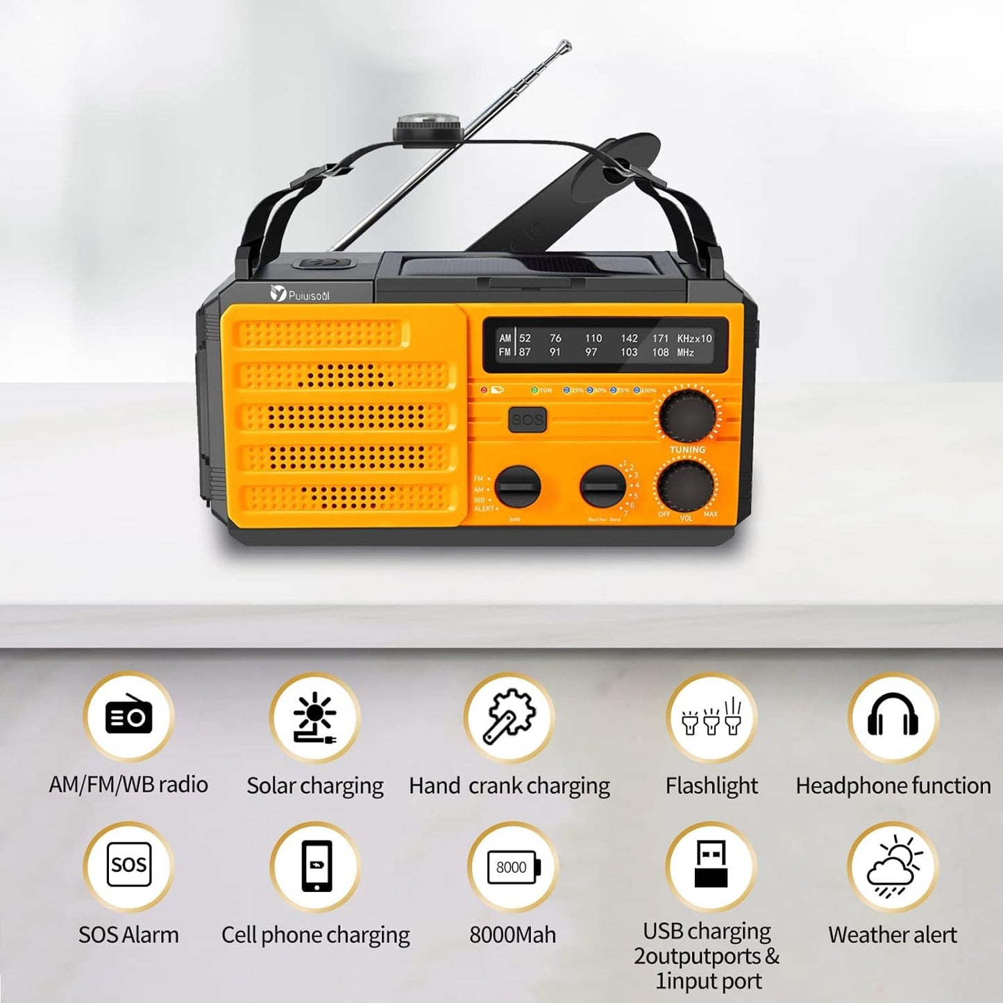 Emergency-Radio, 8000Mah Portable Weather Solar Radios with Hand Crank,Reading L