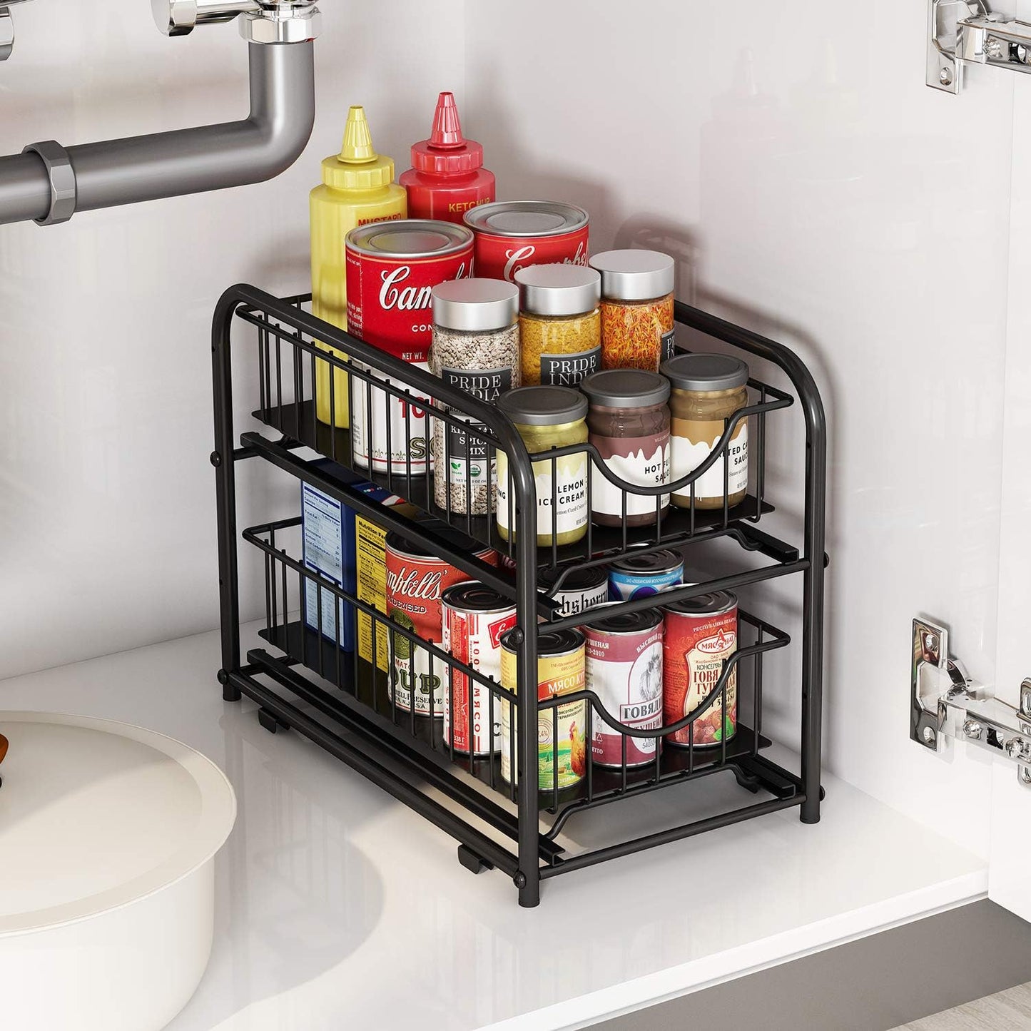 Pull-Out Cabinet Organizer, Stackable 2-Tier under Sink Rack, with Sliding Stora