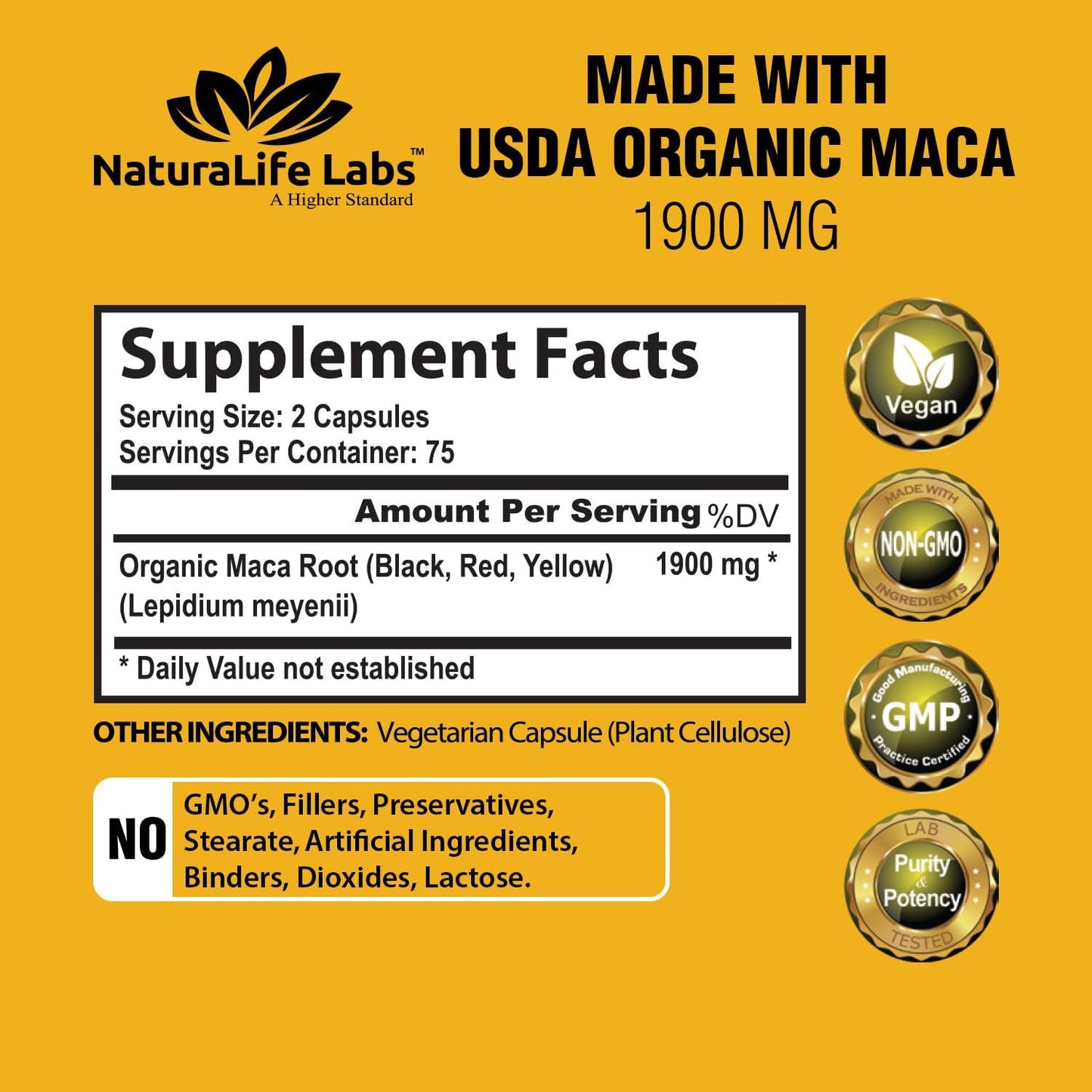 Organic Maca Root Black, Red, Yellow 1900 MG per Serving - 150 Vegan Capsules Pe