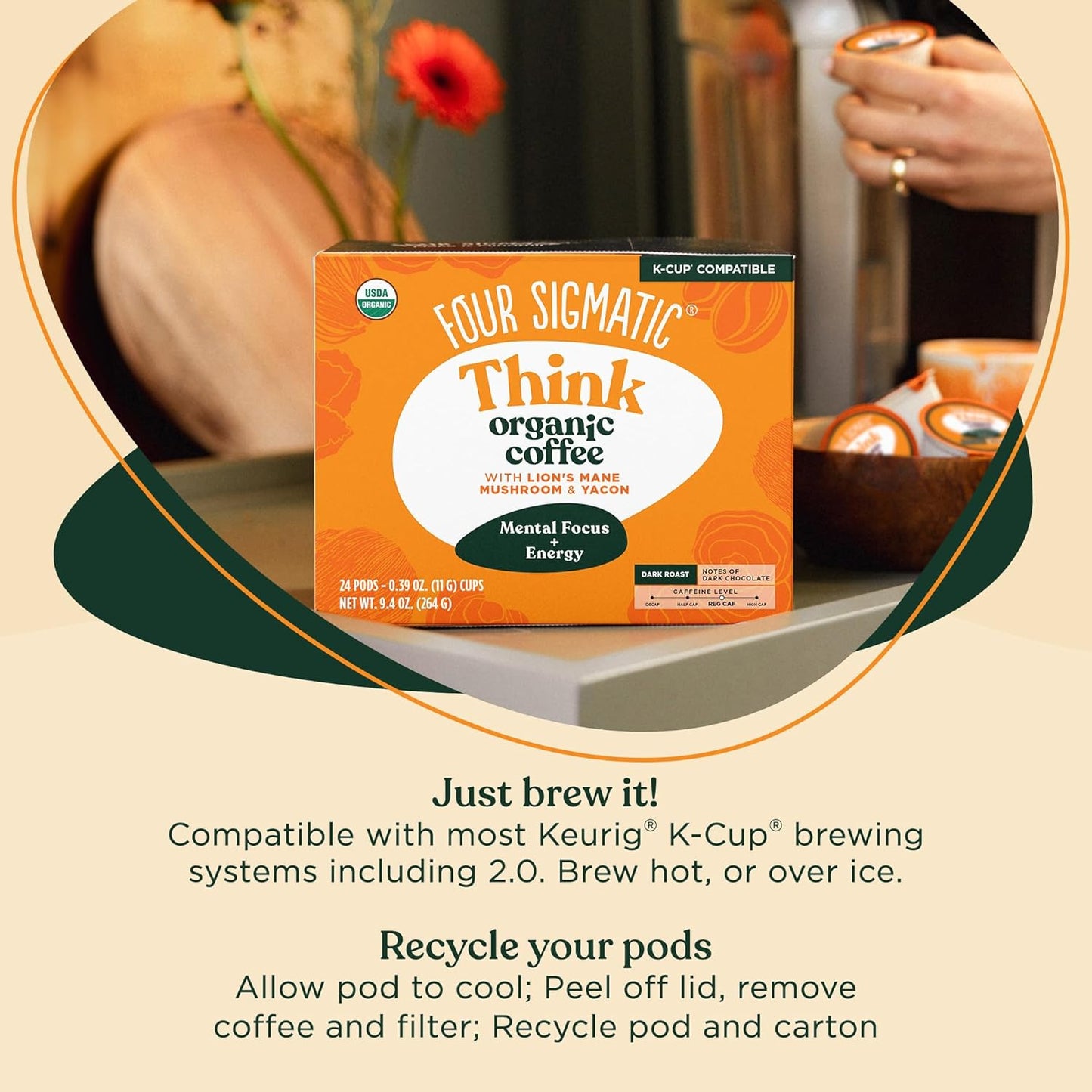 Mushroom Coffee K-Cups | Organic and Fair Trade Dark Roast Coffee with Lion’S Ma