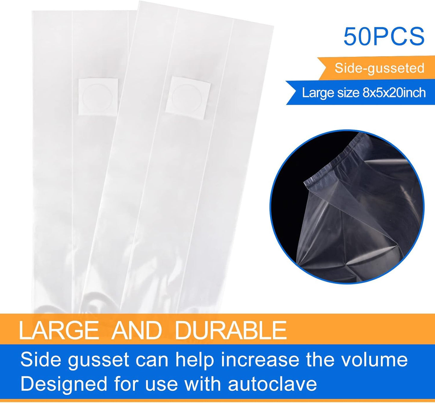 50Pcs Mushroom Growing Bag 6 Mil Thick Mushroom Spawn Bags Autoclavable Bags 8"X