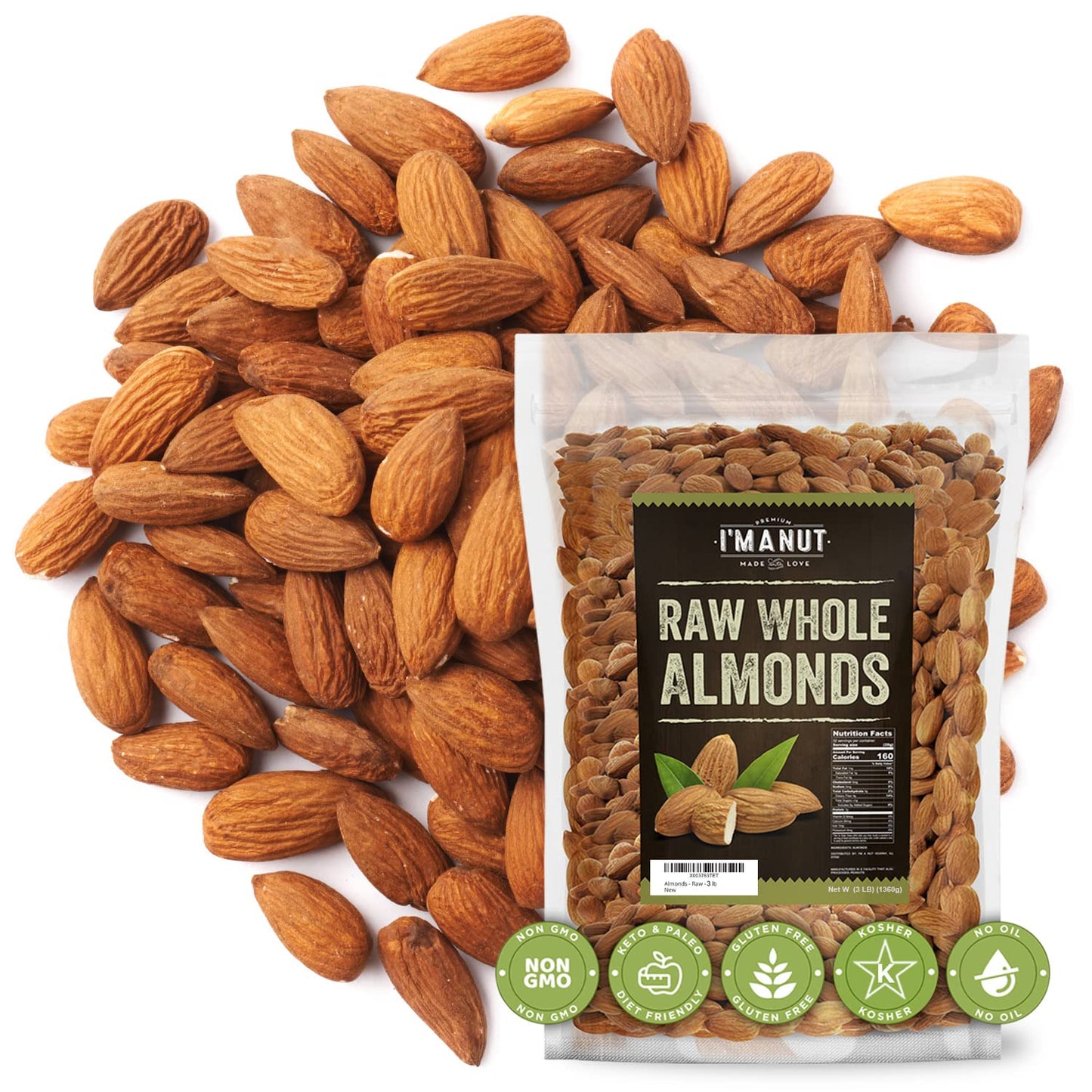 Raw Almond 48 Oz (3 Lb) | Natural | Whole | Batch Tested Gluten & Peanut Free |