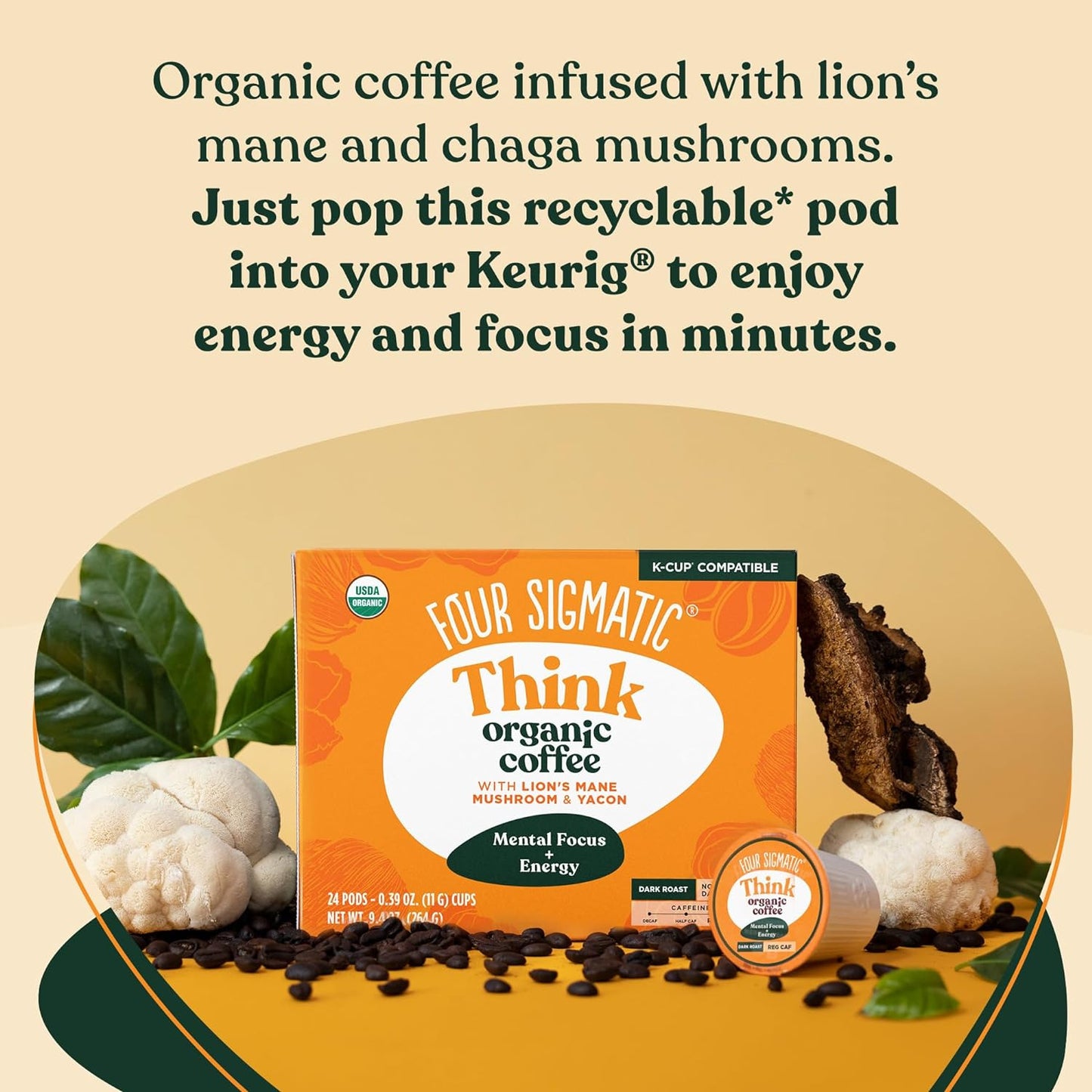 Mushroom Coffee K-Cups | Organic and Fair Trade Dark Roast Coffee with Lion’S Ma