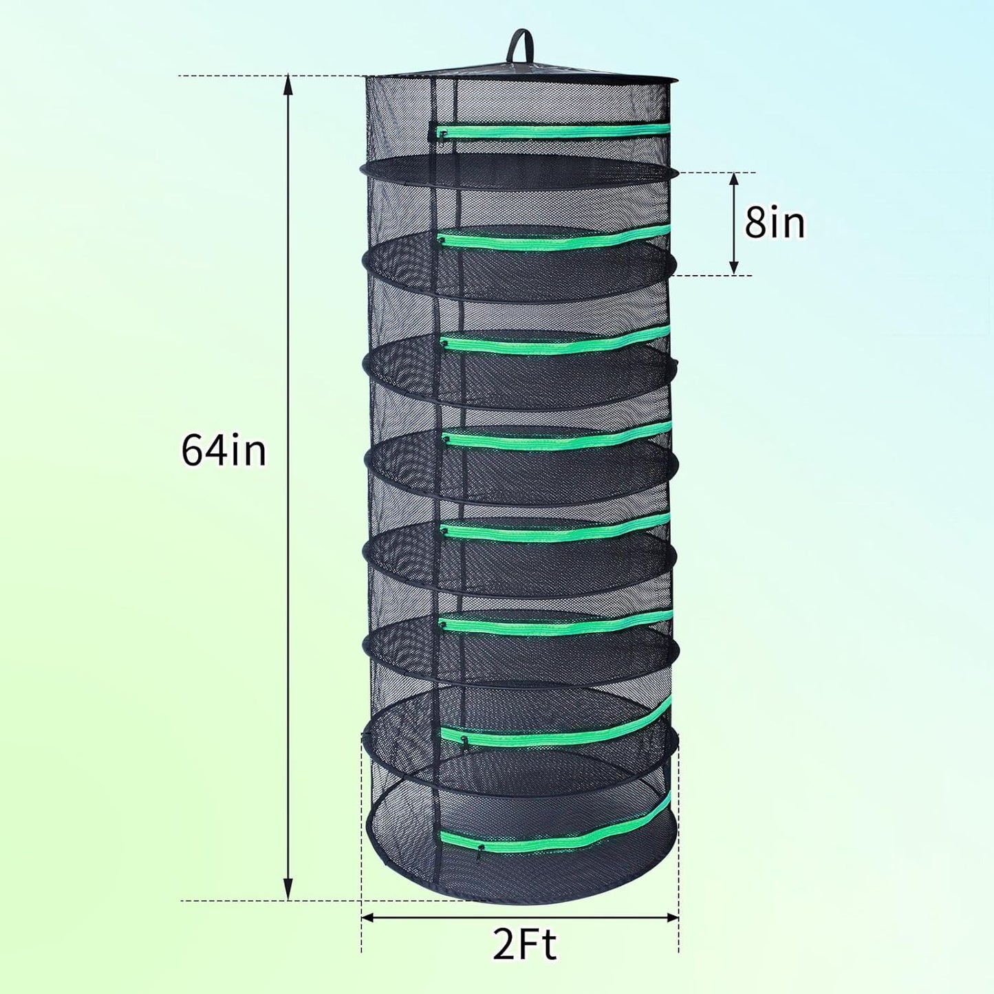 Herb Drying Rack 8 Layer 2Ft Diameter Plant Hanging Mesh Dry Net W/Green Zipper,