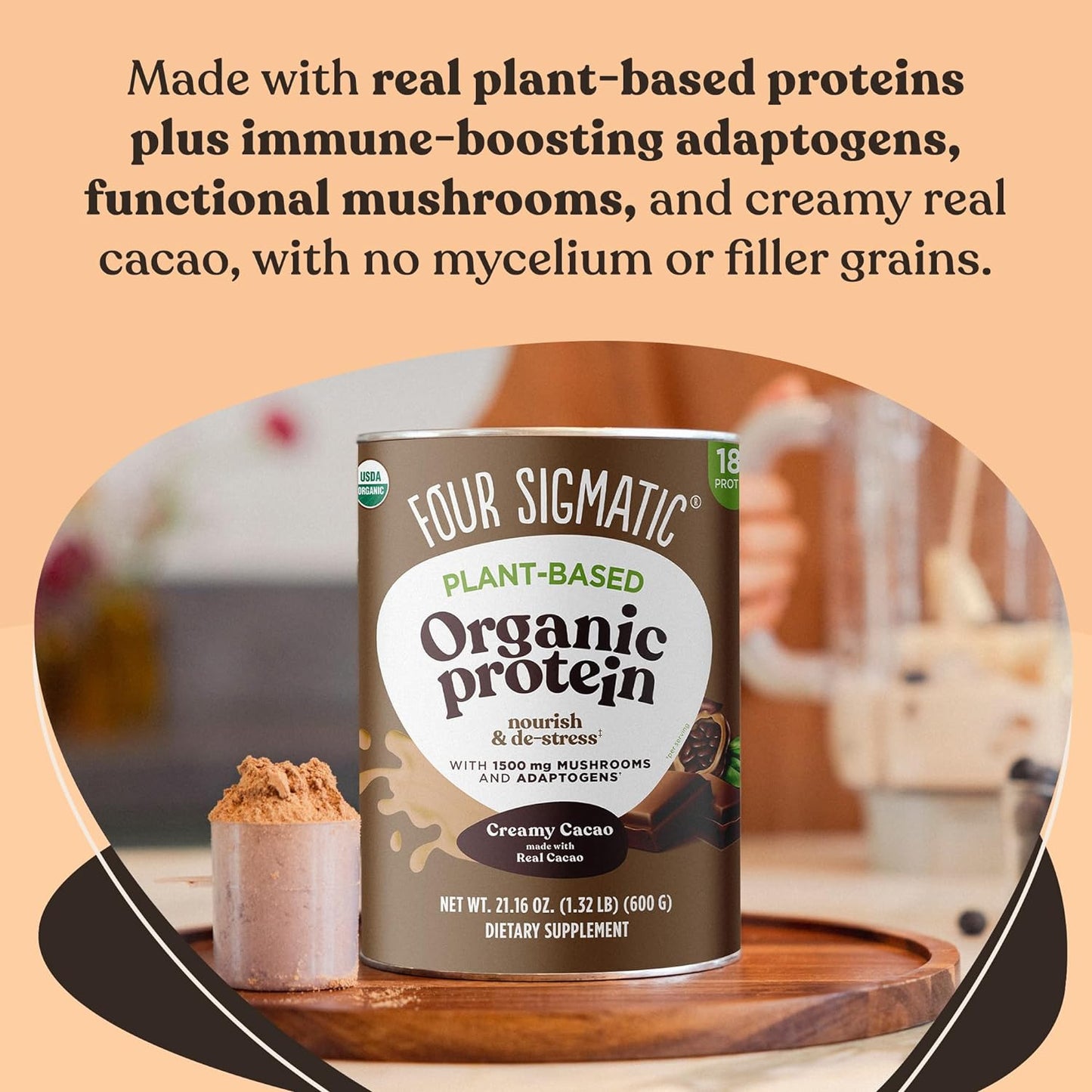 Organic Plant-Based Protein Powder Creamy Cacao Protein with Lion’S Mane, Chaga,