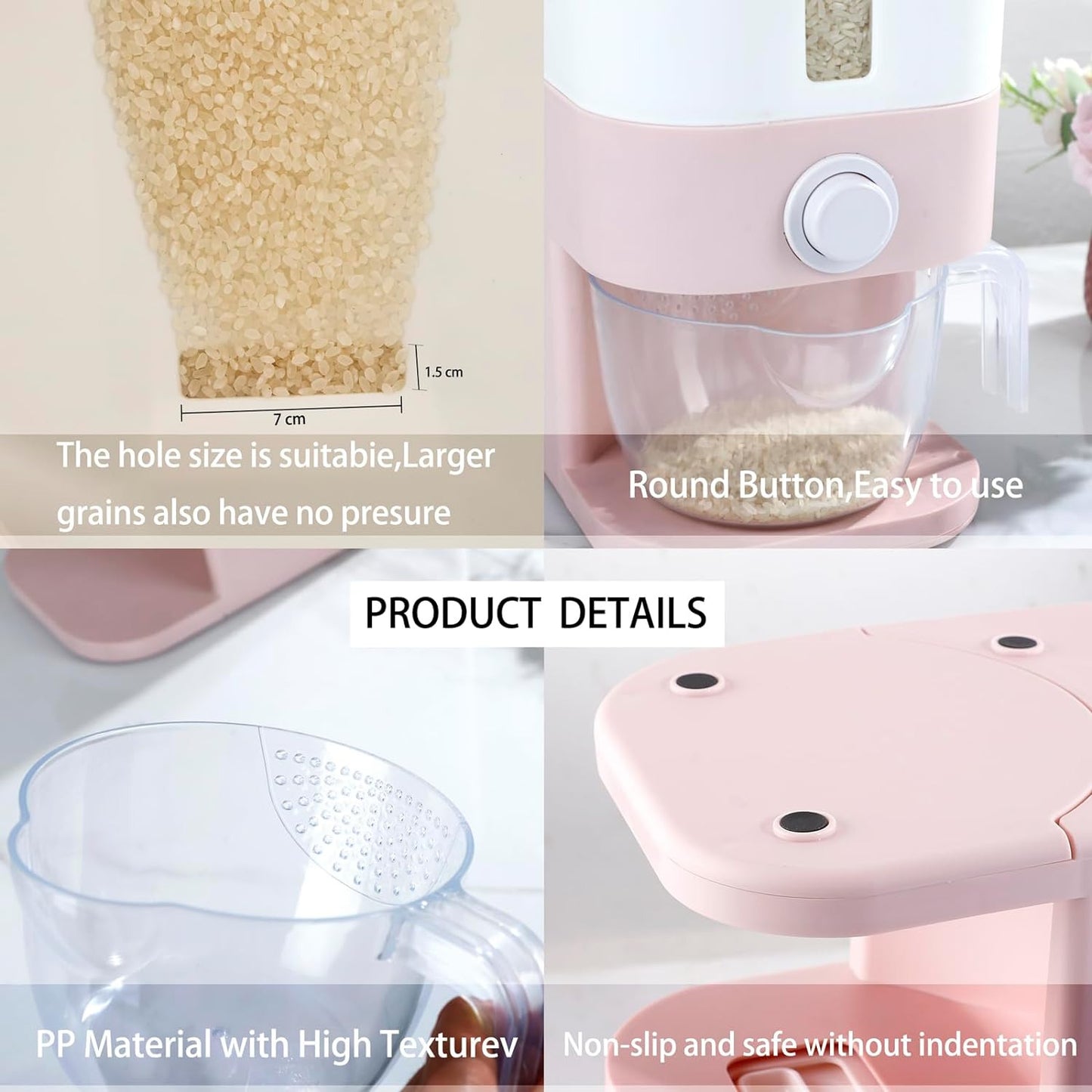 25 Lbs Pink Rice Dispenser, Rice Storage Container, Large Rice Container with Li