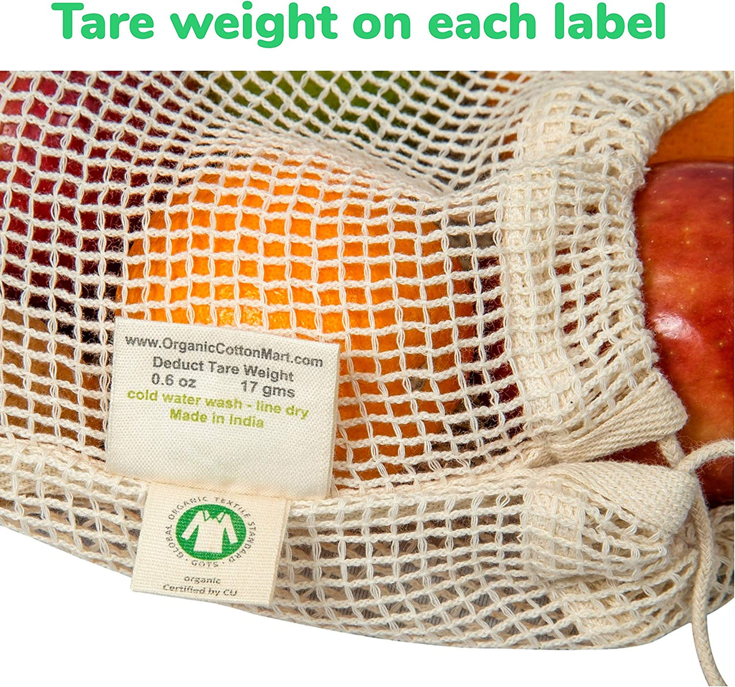 Reusable Cotton Mesh Produce Bags - 100% Organic Cotton, Durable, Double Stitche