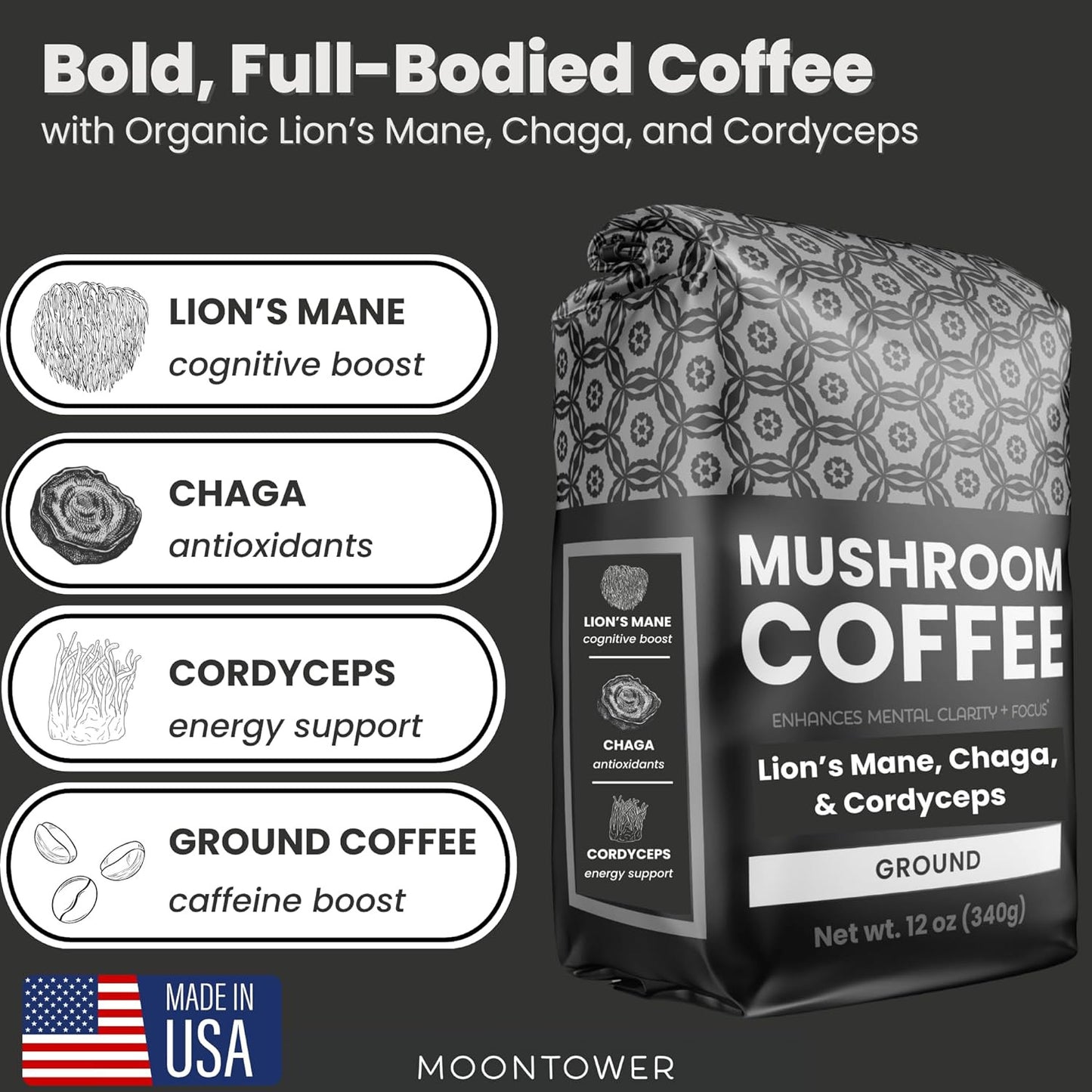 Organic Medium Roast Mushroom Coffee - Organic Lions Mane, Chaga, and Cordyceps