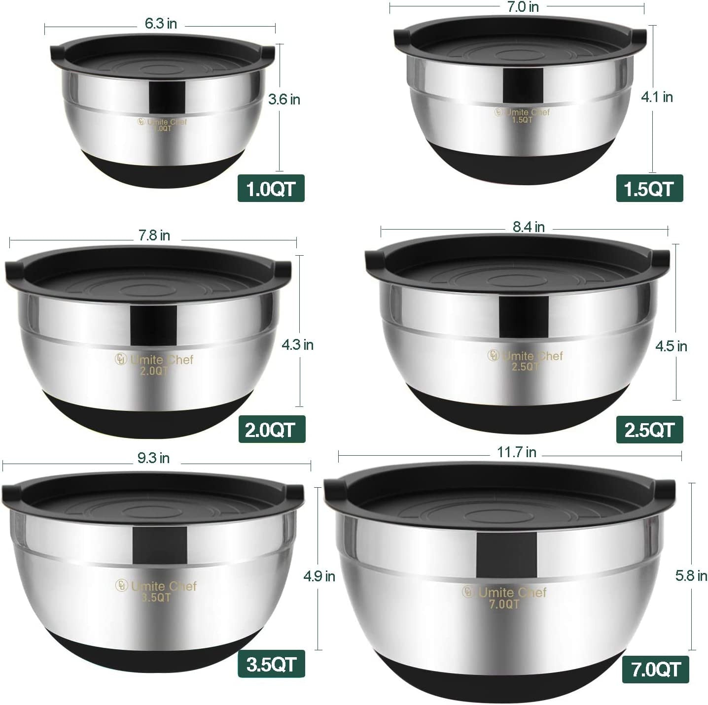 Mixing Bowls with Airtight Lids，6 Piece Stainless Steel Metal Nesting Storage Bo