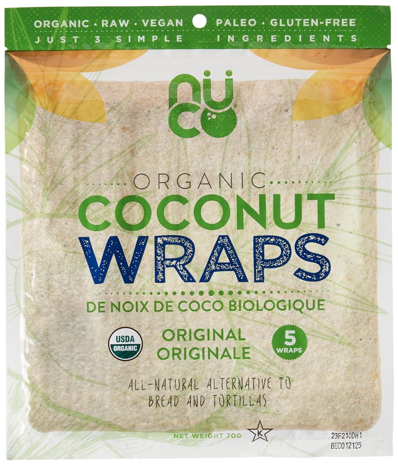 Certified ORGANIC Paleo Gluten Free Vegan Coconut Wraps, 5 Count (One Pack of Fi