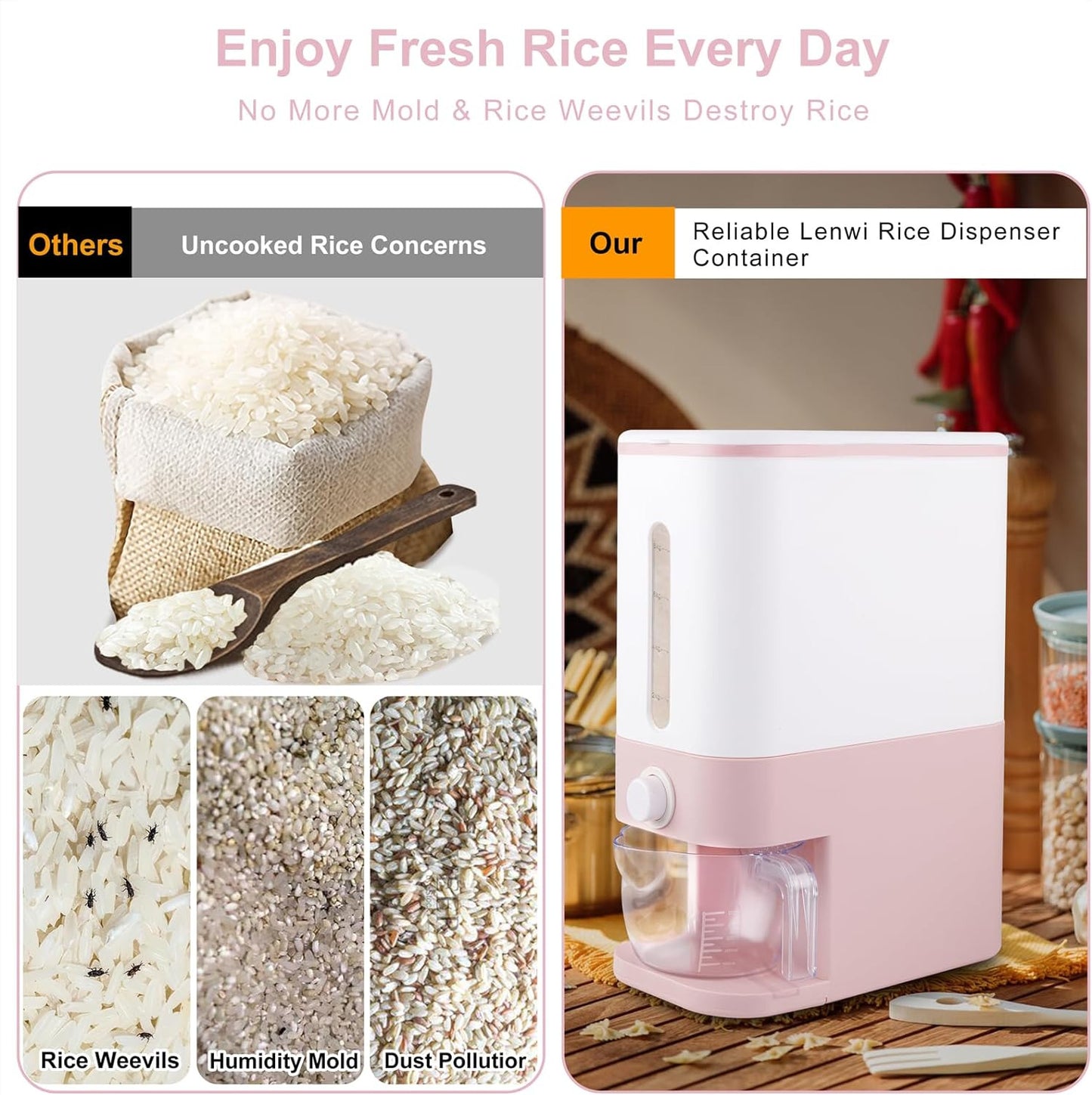 25 Lbs Pink Rice Dispenser, Rice Storage Container, Large Rice Container with Li