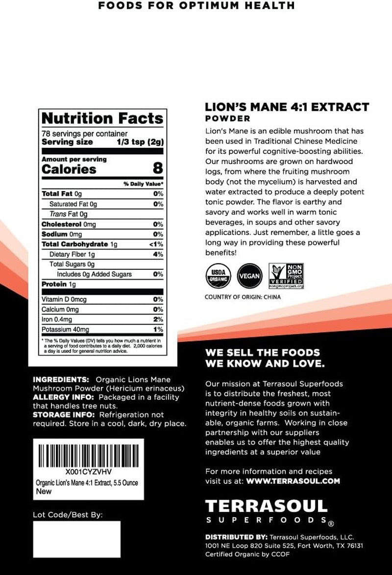 Organic Lion'S Mane Mushroom Powder (4:1 Extract), 5.5 Ounces