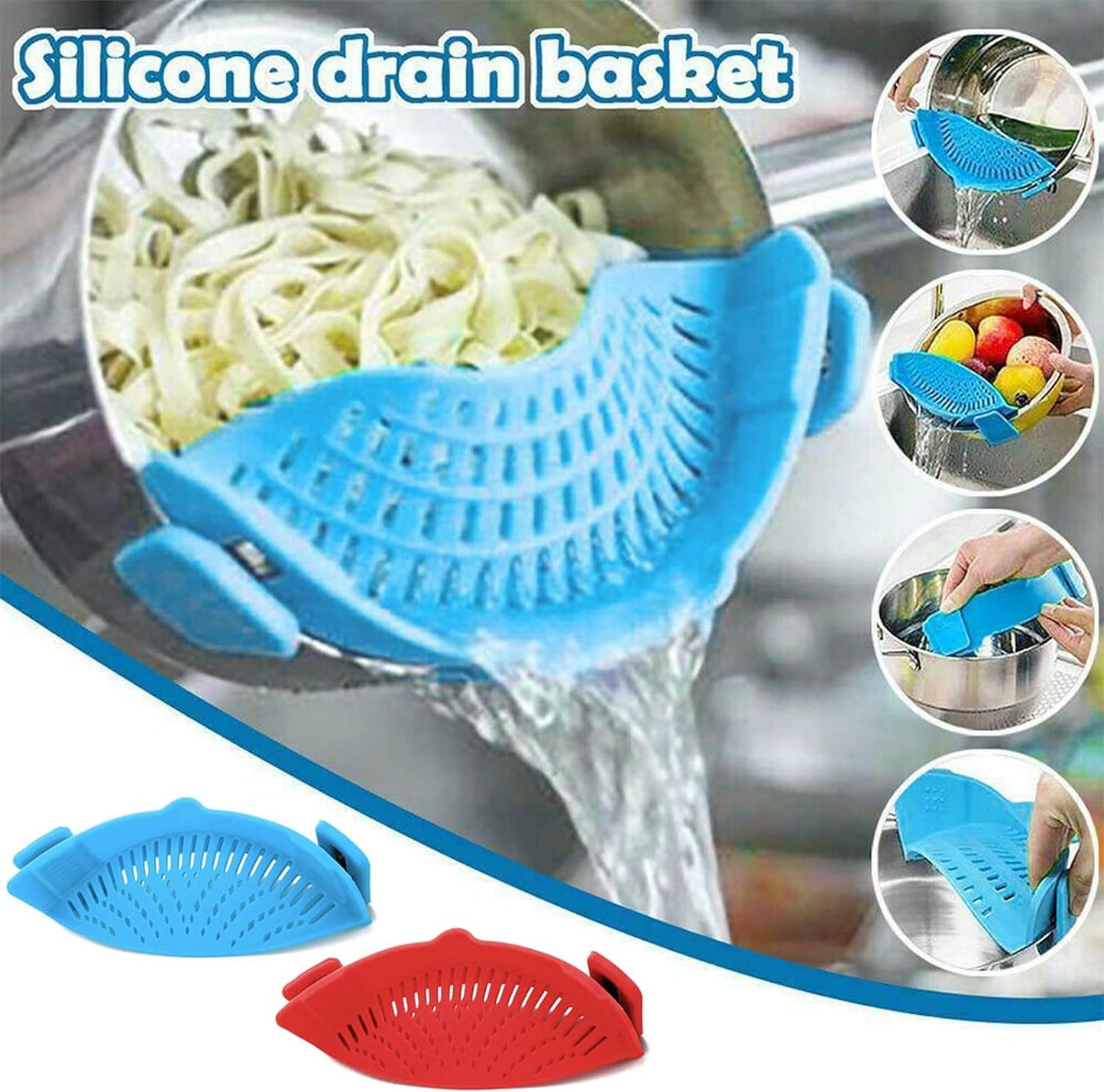 2 Pcs Clip on Strainer, Pot Strainer for Pasta Meat Vegetables Fruit, Silicone S