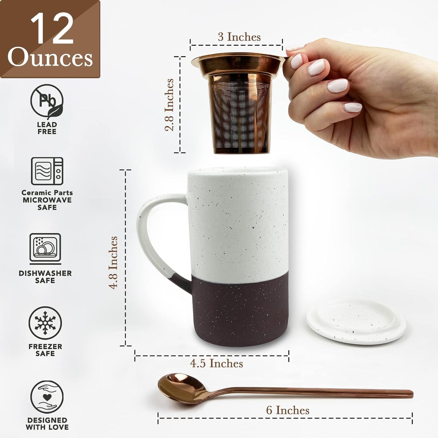 Tea Cup with Loose Leaf Infuser, Spoon and Lid, 12 Oz, Microwave and Dishwasher