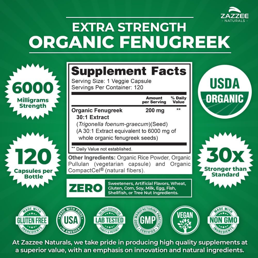 USDA Organic Fenugreek 30:1 Extract, 6000 Mg Strength, 120 Vegan Capsules, 4 Mon