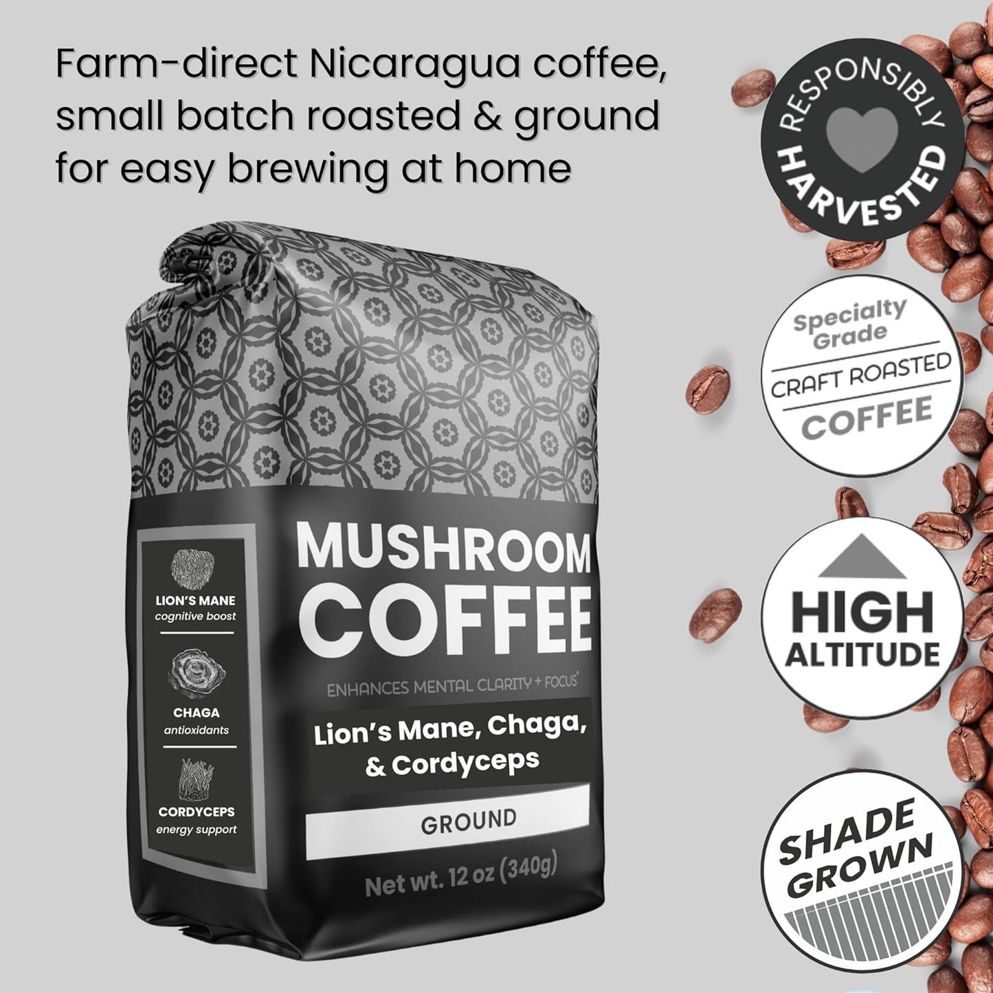 Organic Medium Roast Mushroom Coffee - Organic Lions Mane, Chaga, and Cordyceps