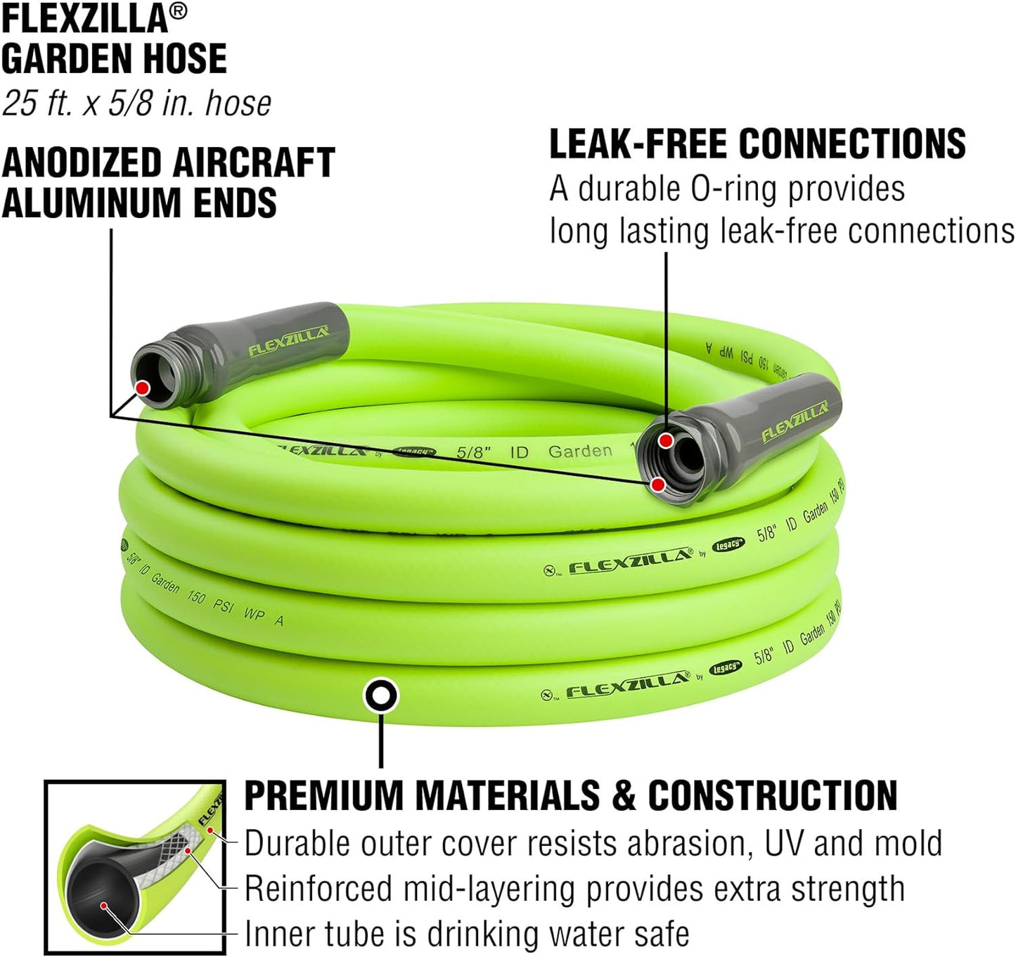 Garden Hose 5/8 In. X 25 Ft, Heavy Duty, Lightweight, Drinking Water Safe, Zilla