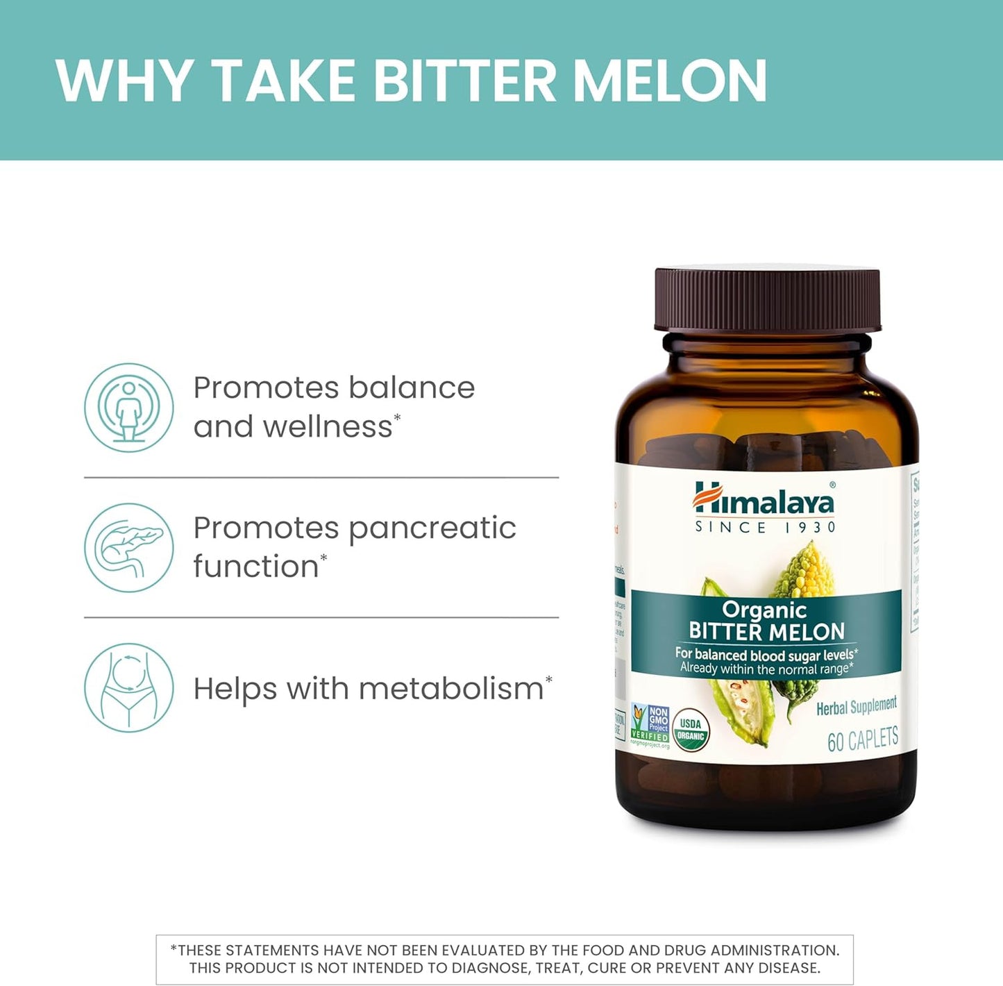 Organic Bitter Melon for Glucose Metabolism, 660 Mg, 60 Caplets, 1 Month Supply