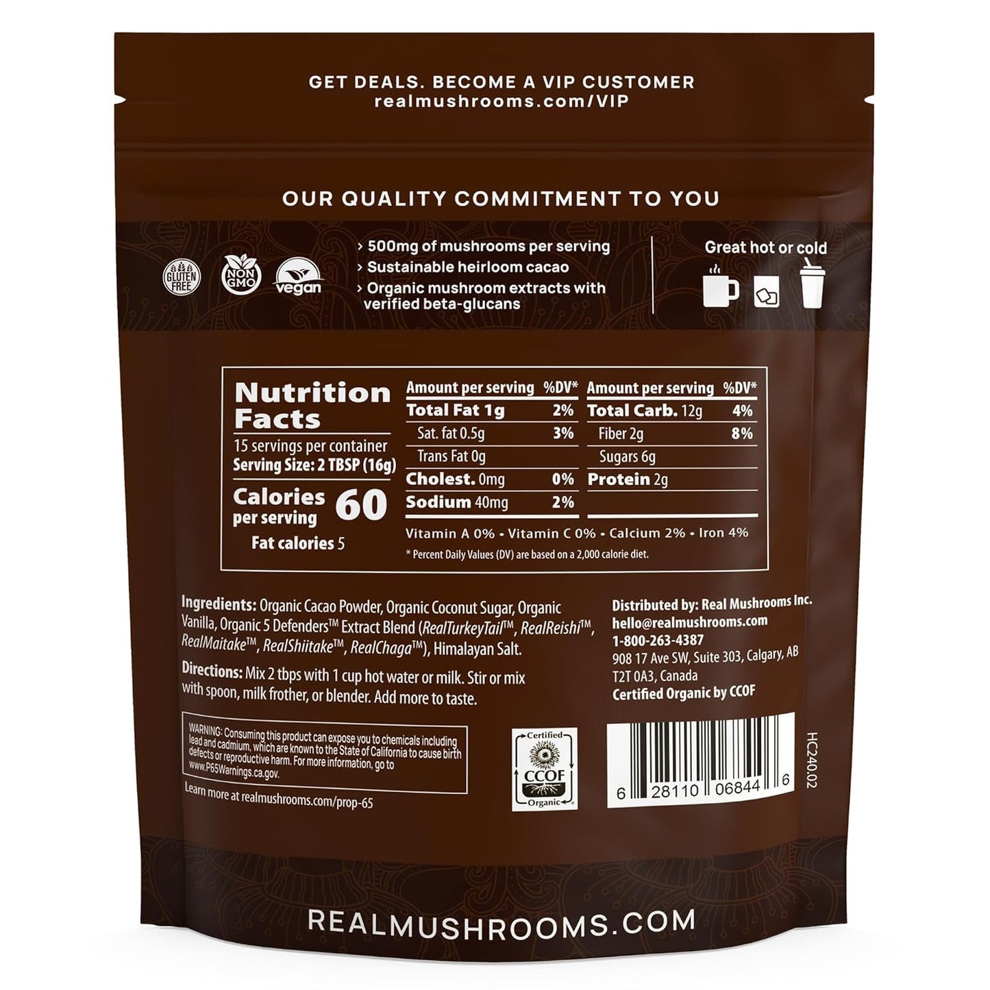 Organic Hot Chocolate Mix with 5 Defenders (Turkey Tail, Chaga, Maitake, Shiitak