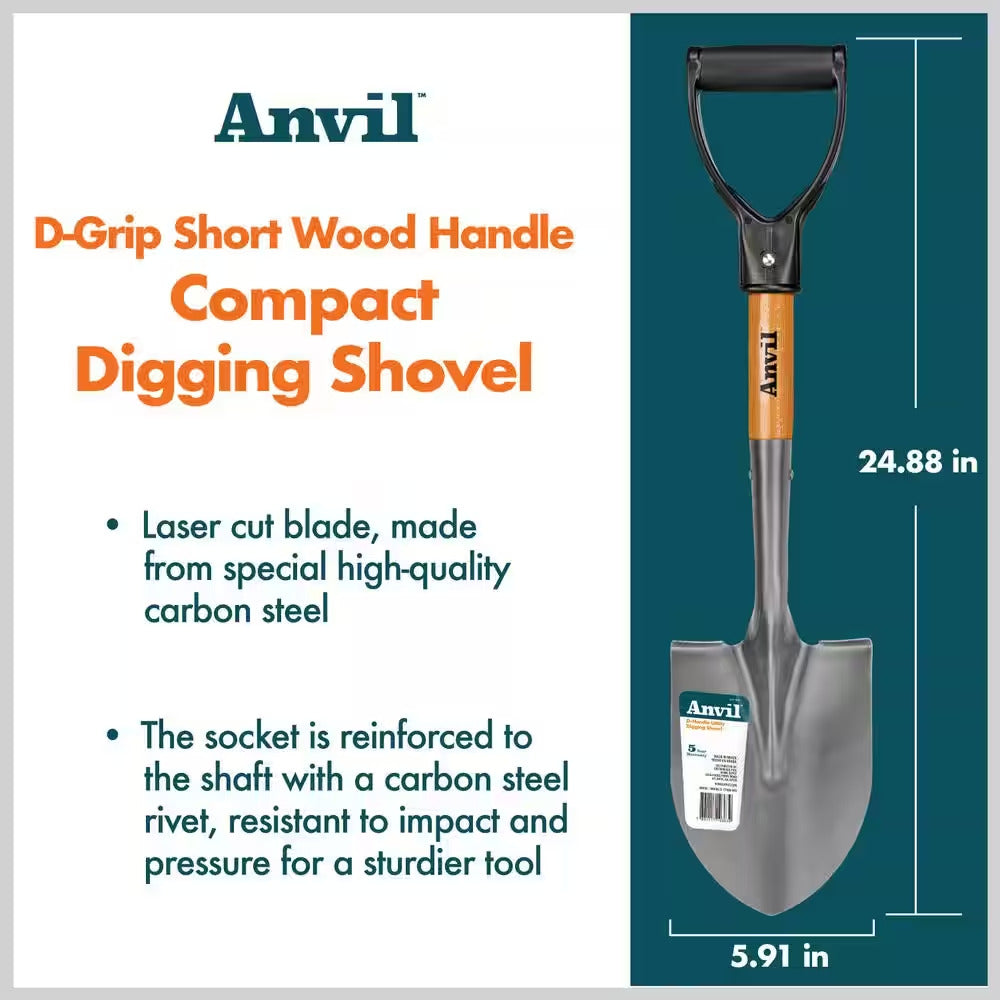 18 In. Wood D-Grip Short Handle Carbon Steel Compact Digging Shovel