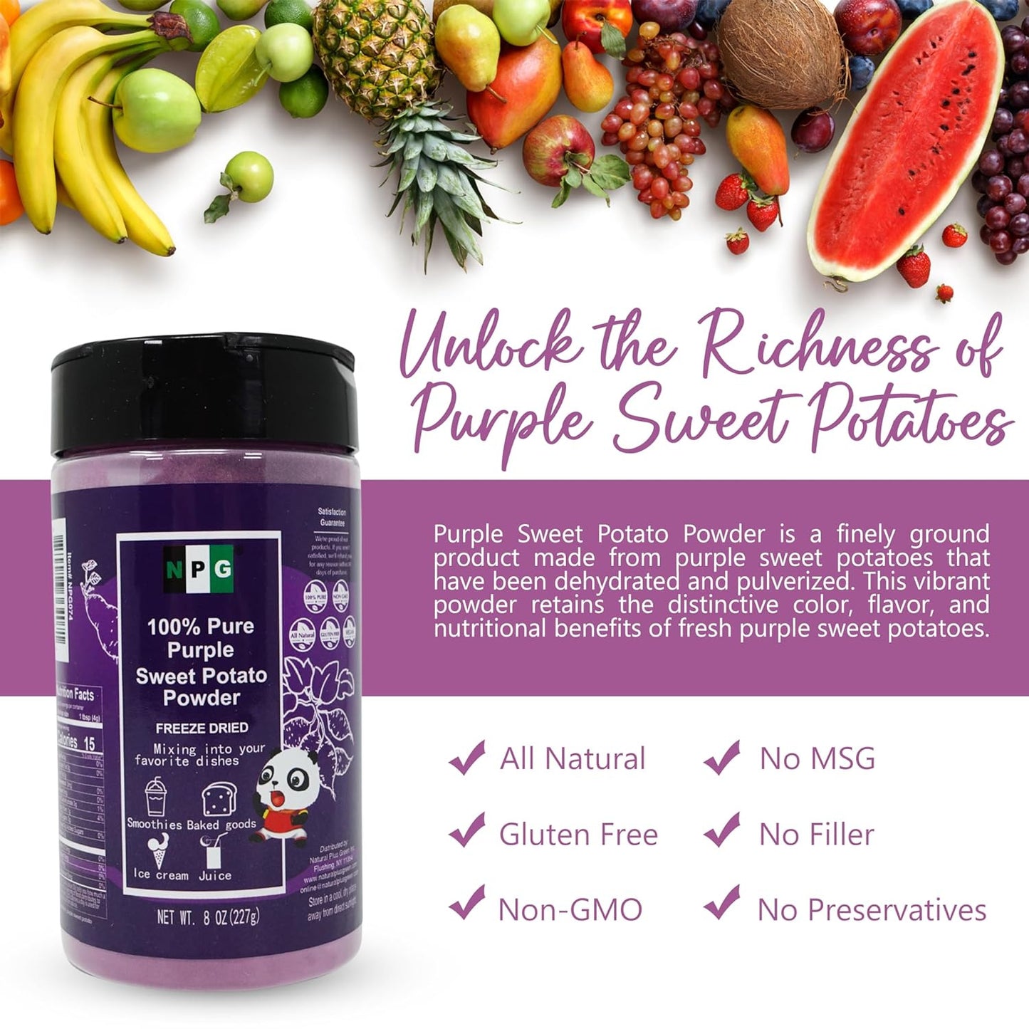 NPG 100% Pure Purple Sweet Potato Powder(Purple Yam Ube) 8 Ounces, All Natural P