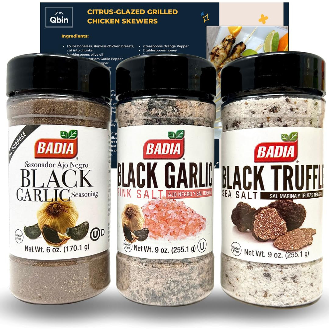 Badia Gourmet Trio: Black Garlic Seasoning 6 Oz, Pink Salt 9 Oz & Truffle Sea Sa