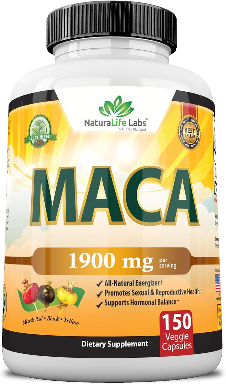 Organic Maca Root Black, Red, Yellow 1900 MG per Serving - 150 Vegan Capsules Pe