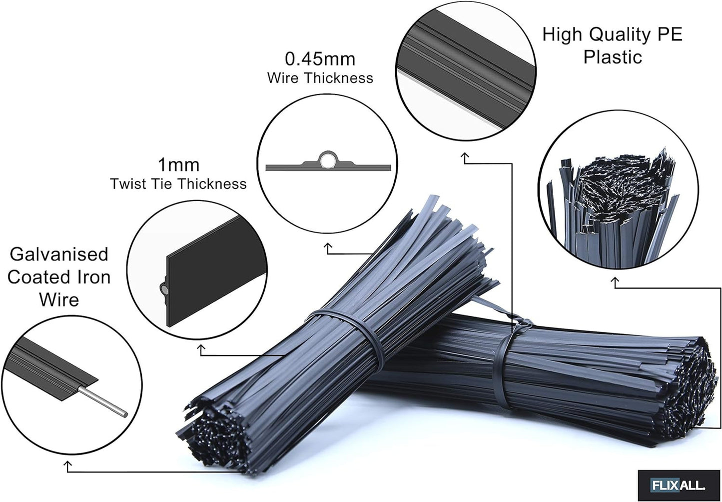 5 Inches Twist Ties Pack of 100 - Premium Quality Reusable Black Plastic Coated