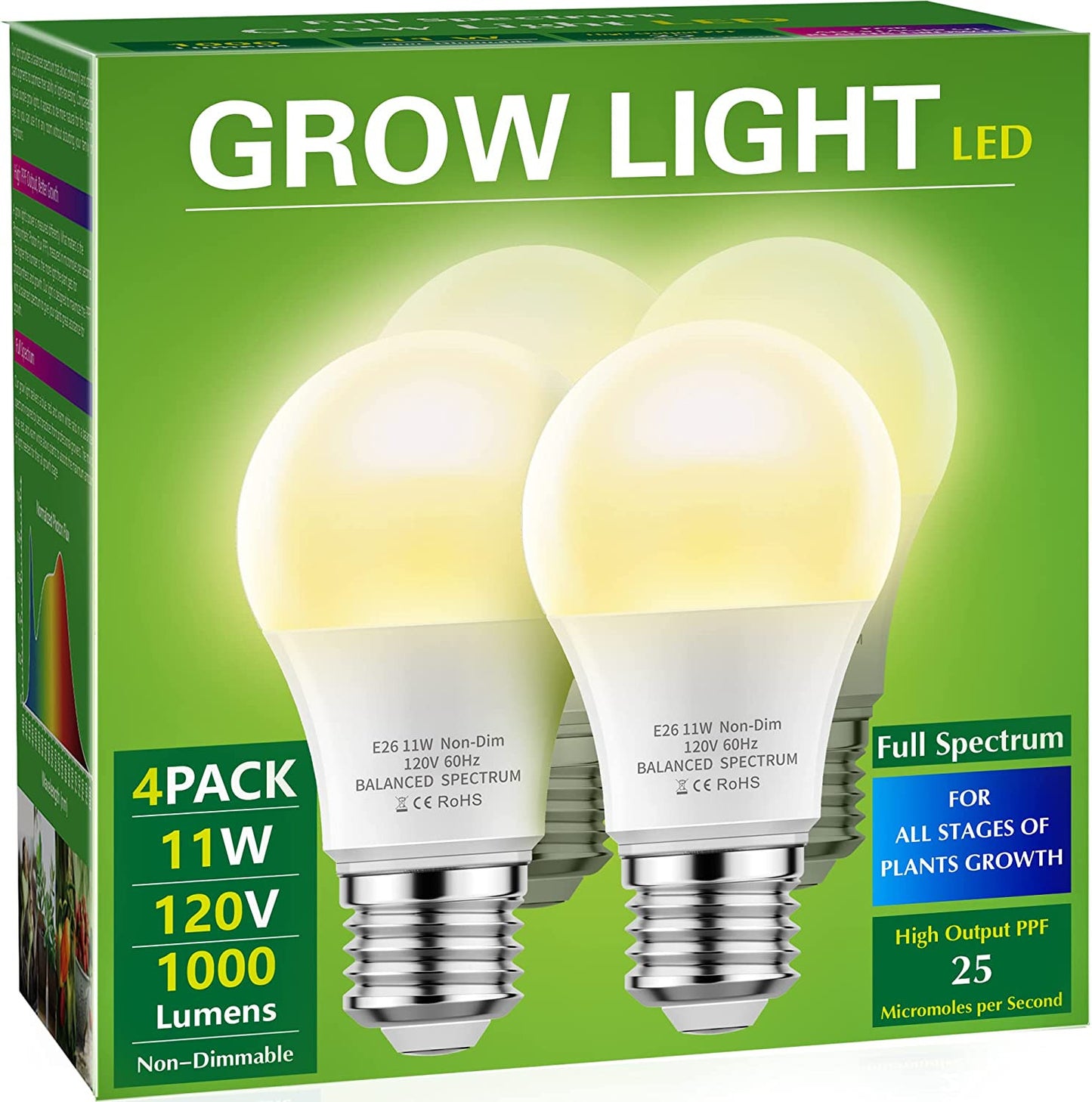 4 Pack Grow Light Bulbs, LED White Bulb A19 Bulb, Full Spectrum Plant Bulbs E26