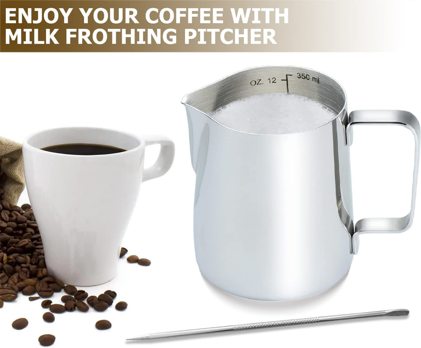 Stainless Steel Milk Frothing Pitcher 12 Oz, Espresso Steaming Pitcher with Deco