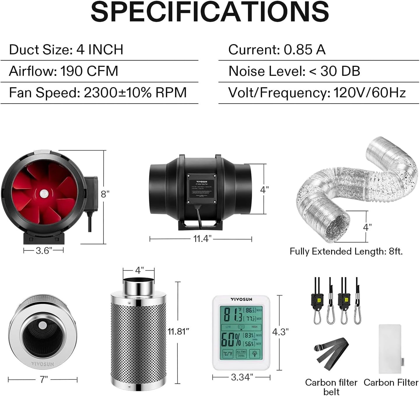 4 Inch 190 CFM Inline Fan with Speed Controller, 4 Inch Carbon Filter and 8 Feet