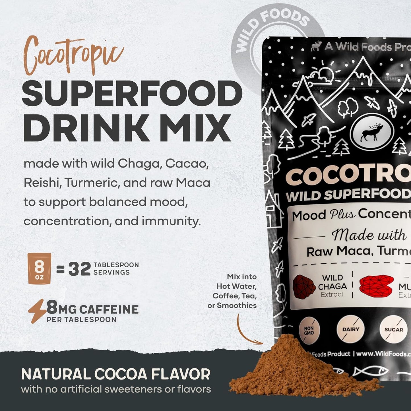 Organic Cacao Mushroom Chocolate Mix, 8 Oz | Superfood Mushroom Blend, Non-Gmo,