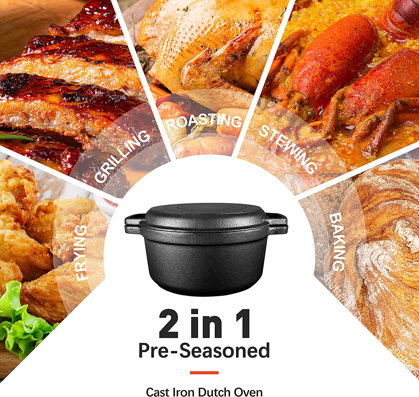 Pre-Seasoned Cast Iron 2-In-1 Heavy-Duty 5.5Qt Dutch Oven with Skillet Lid Set,