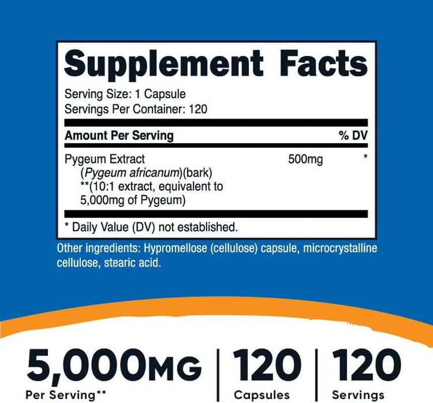 Pygeum 5000Mg, 120 Capsules - Veggie Capsules, Non-Gmo, Gluten Free, Vegetarian