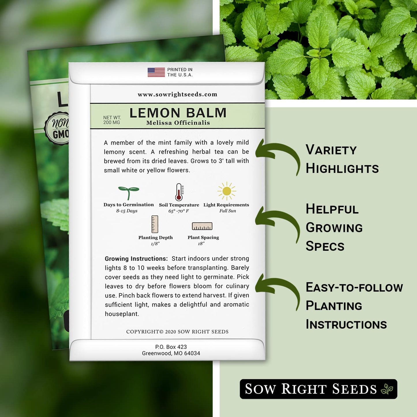 - Lemon Balm Seeds for Planting - Non-Gmo Heirloom Packet with Instructions - Ea