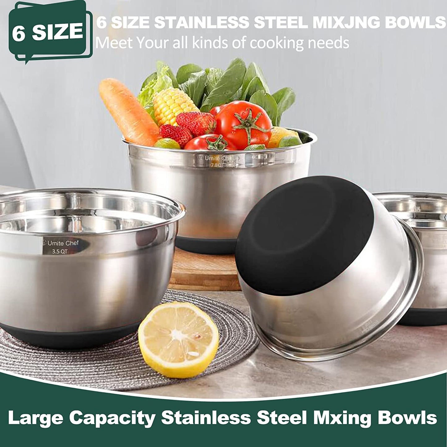 Mixing Bowls with Airtight Lids，6 Piece Stainless Steel Metal Nesting Storage Bo