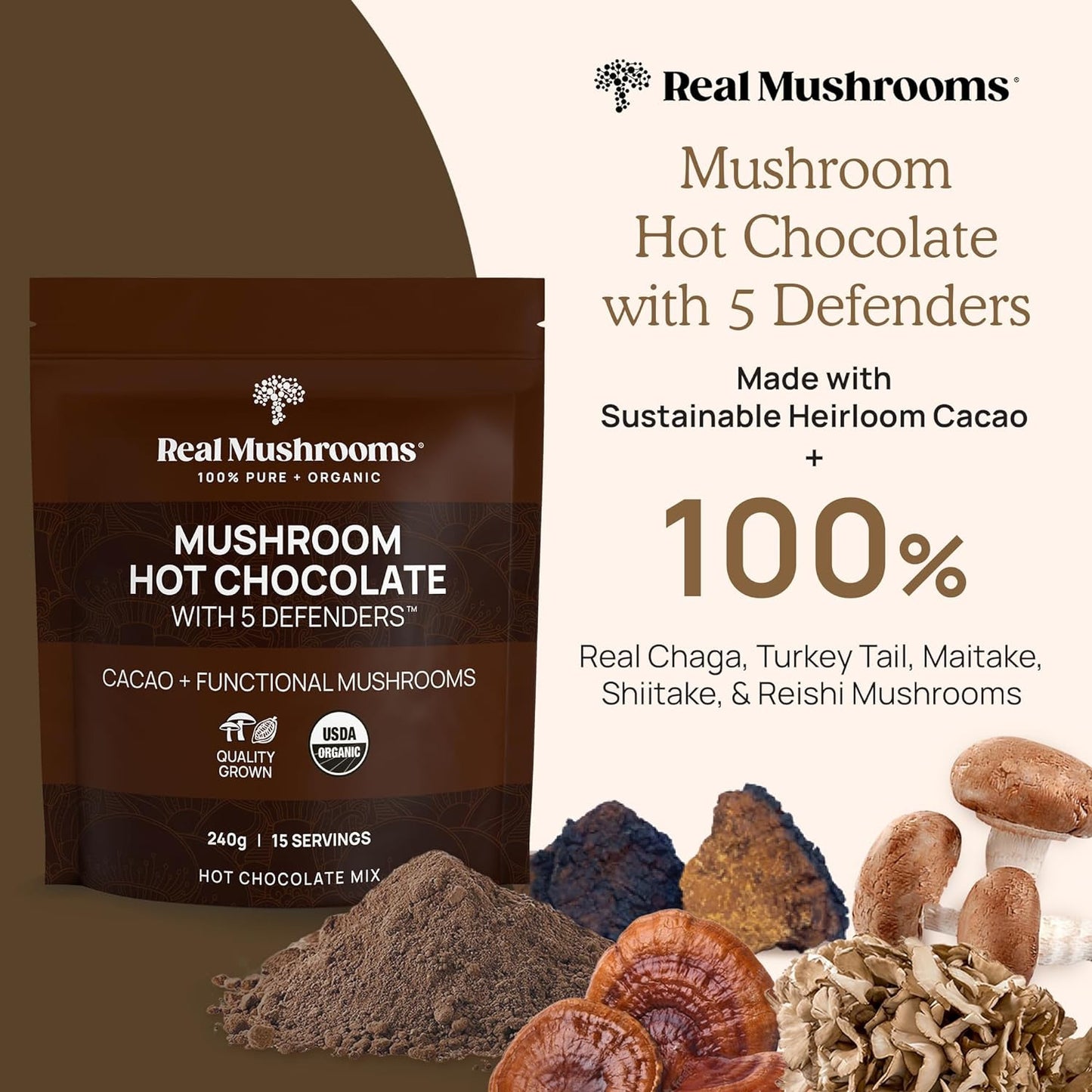 Organic Hot Chocolate Mix with 5 Defenders (Turkey Tail, Chaga, Maitake, Shiitak