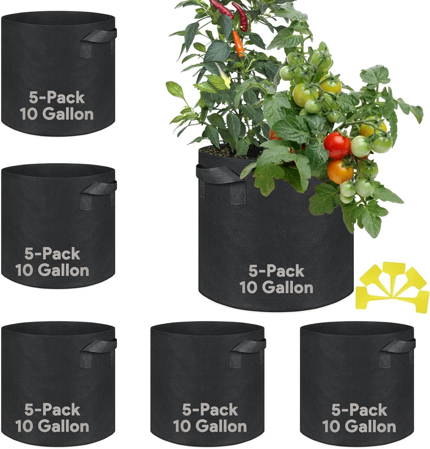 Grow Bags 10 Gallon 5 Pack Large Fabric Pots Heavy Duty 300G Thickened Nonwoven