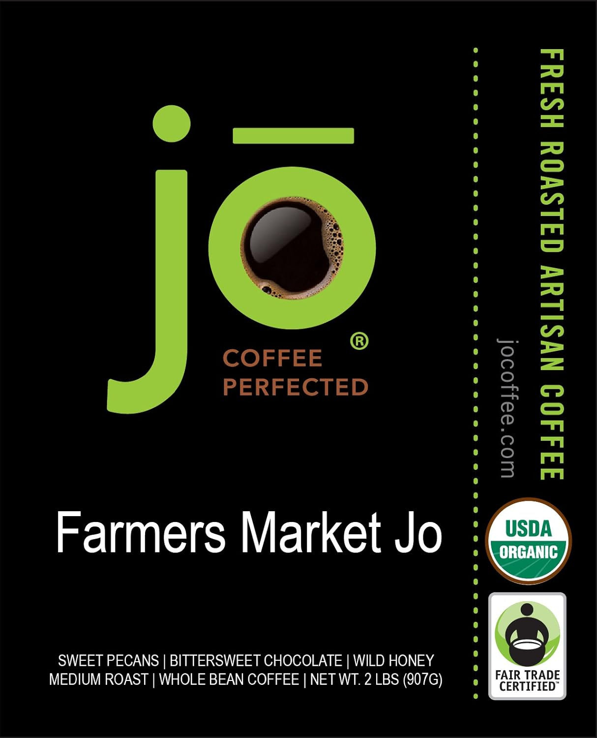 FARMERS MARKET JO: 2 Lb, Organic Whole Bean Coffee, Lighter Roast, 100% USDA Cer