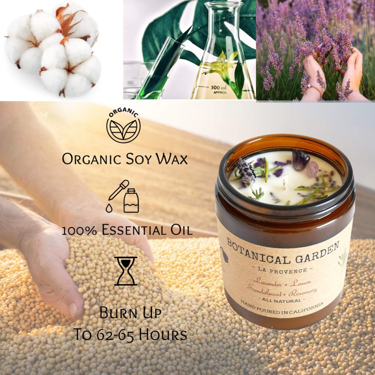 Aromatherapy Organic Lavender Natural Soy Wax Candle | Dry Flowers - Rosemary Sa