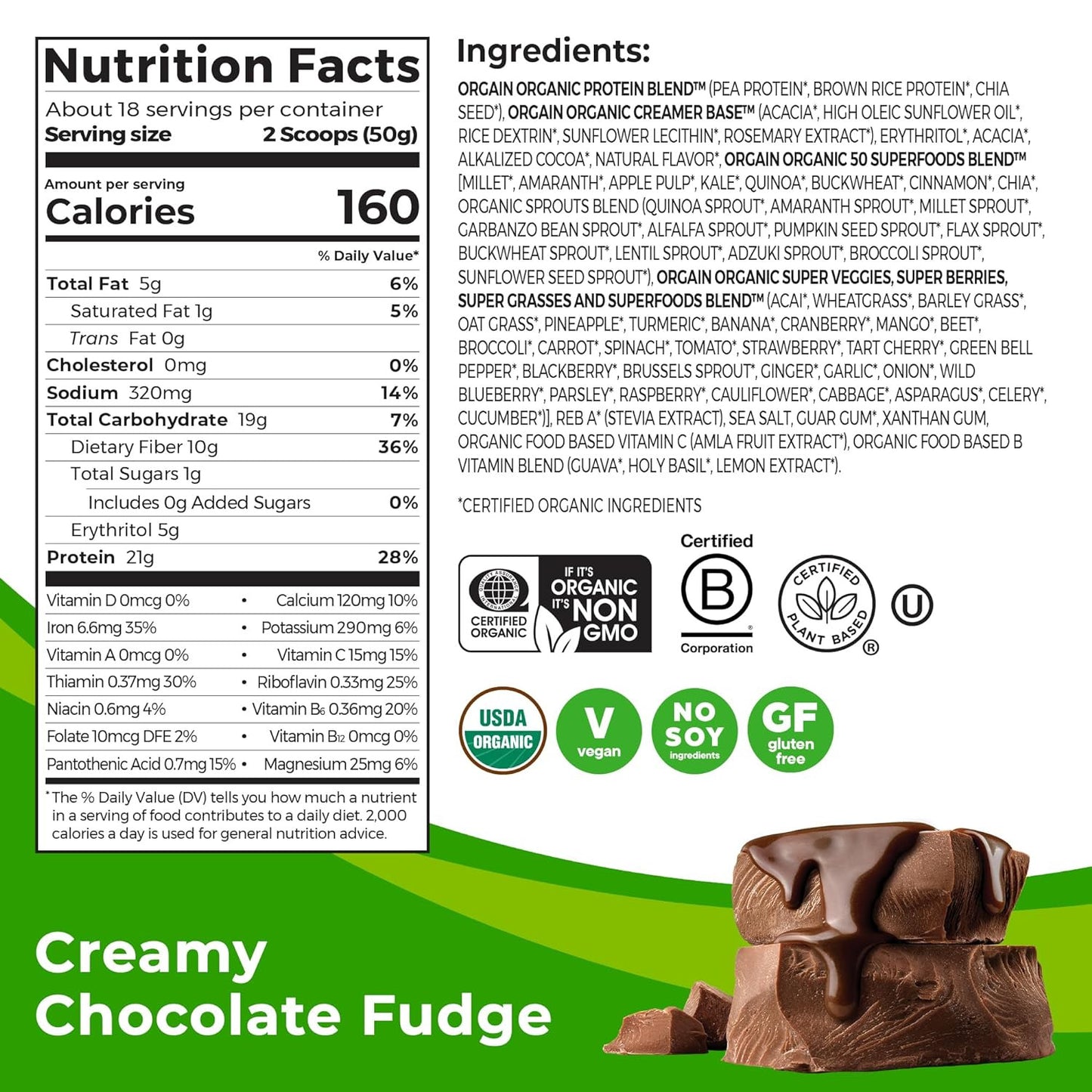 Organic Vegan Protein + 50 Superfoods Powder, Creamy Chocolate Fudge - 21G Plant