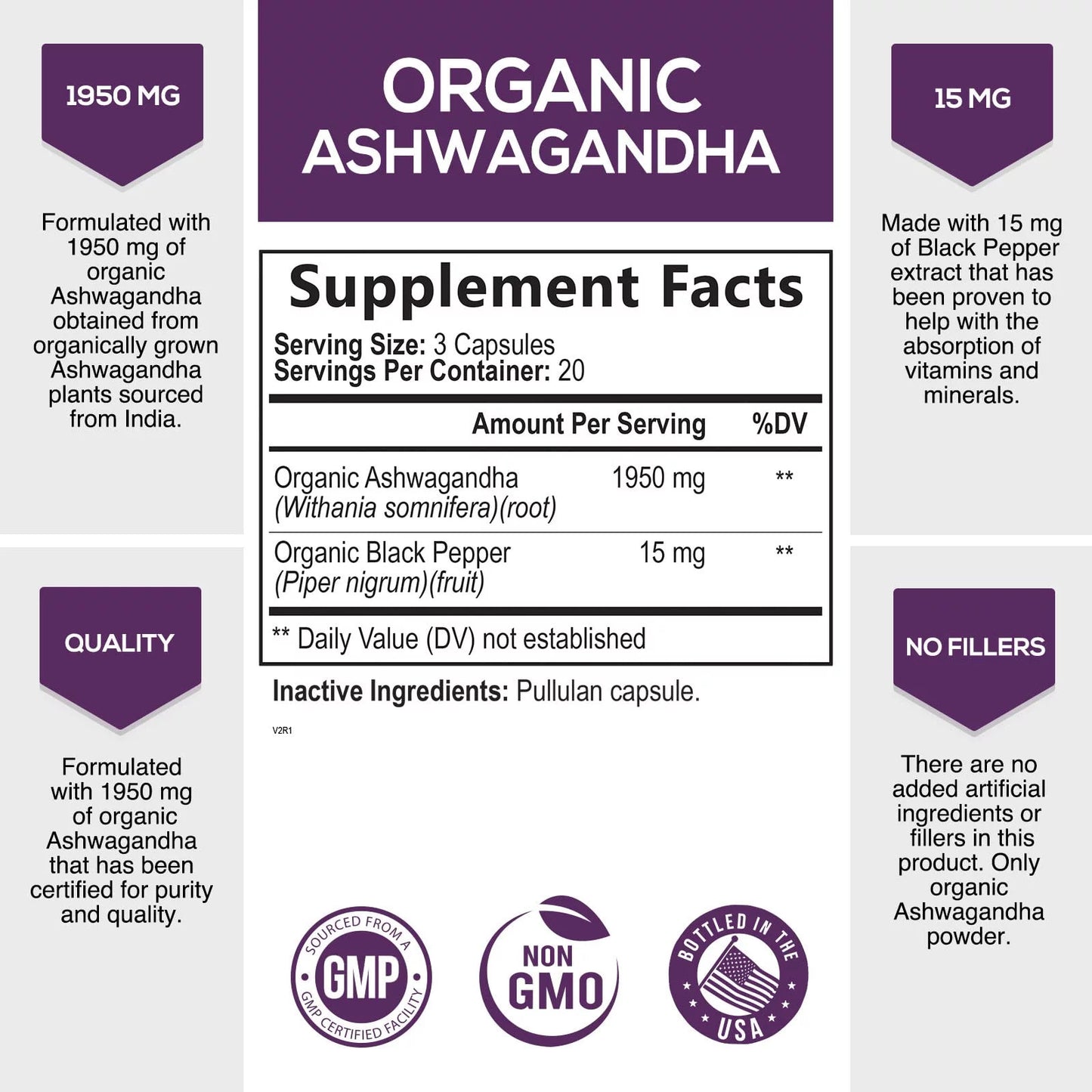 Organic Ashwagandha 1950 Mg - Certified Organic Ashwagandha Supplements, Stress