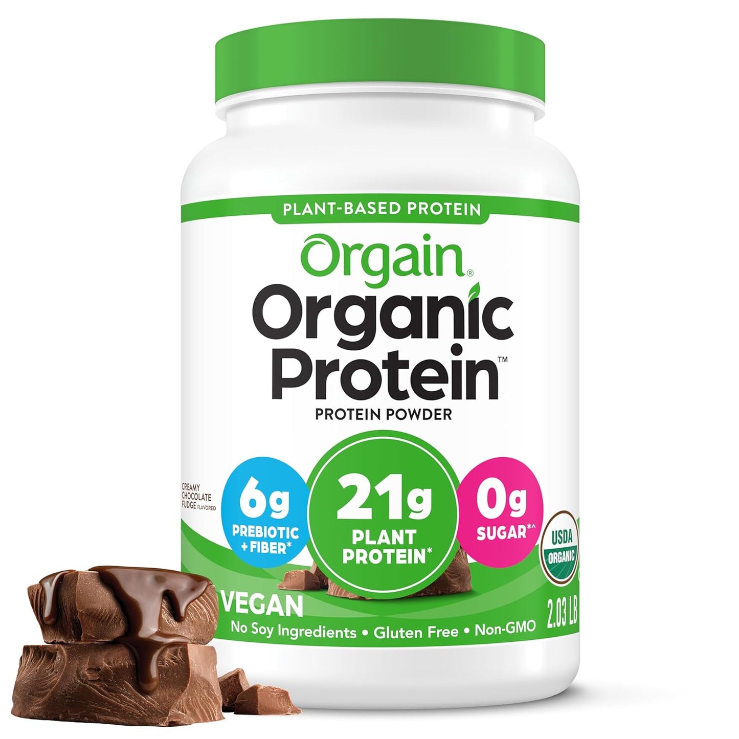 Organic Vegan Protein Powder, Creamy Chocolate Fudge - 21G Plant Protein, 6G Pre