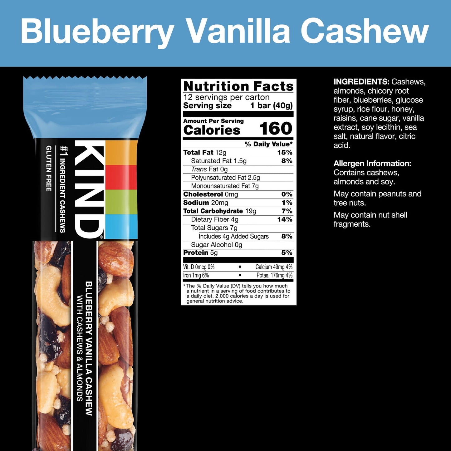 Gluten Free Blueberry Vanilla Cashew Snack Bars, 1.4 Oz, 12 Count Box