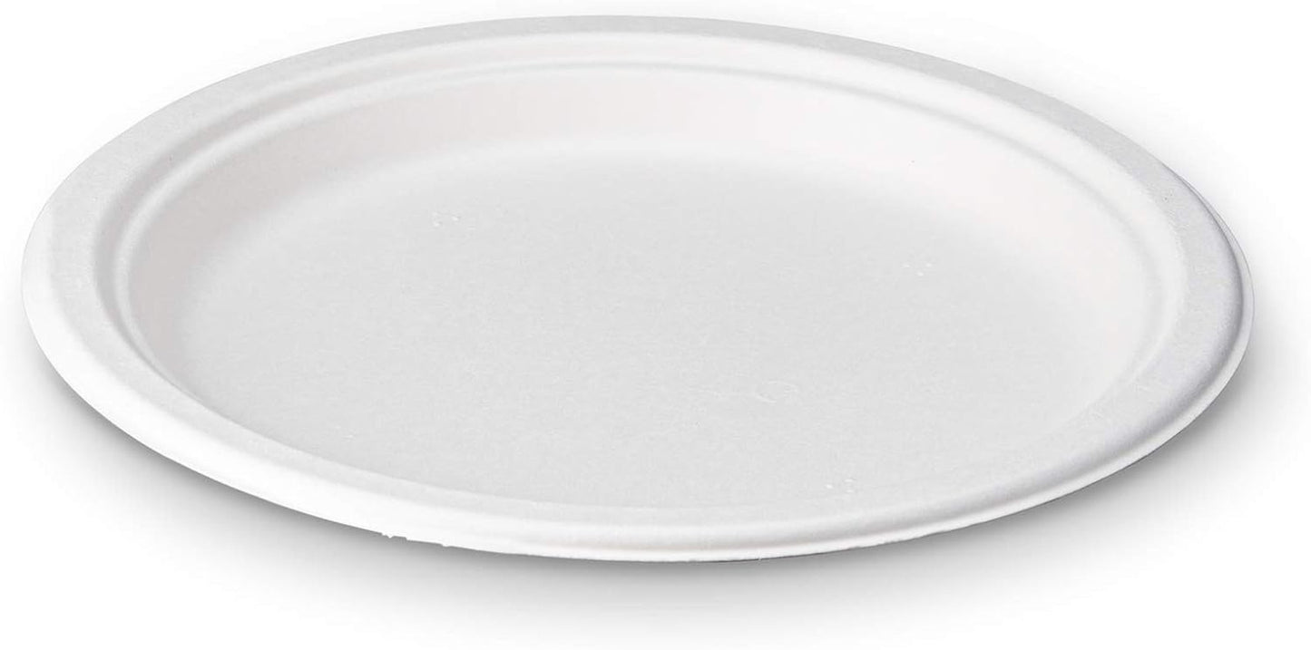 9 Inch round Disposable White Bagasse Dinner Plate, 100% Compostable Natural Sug