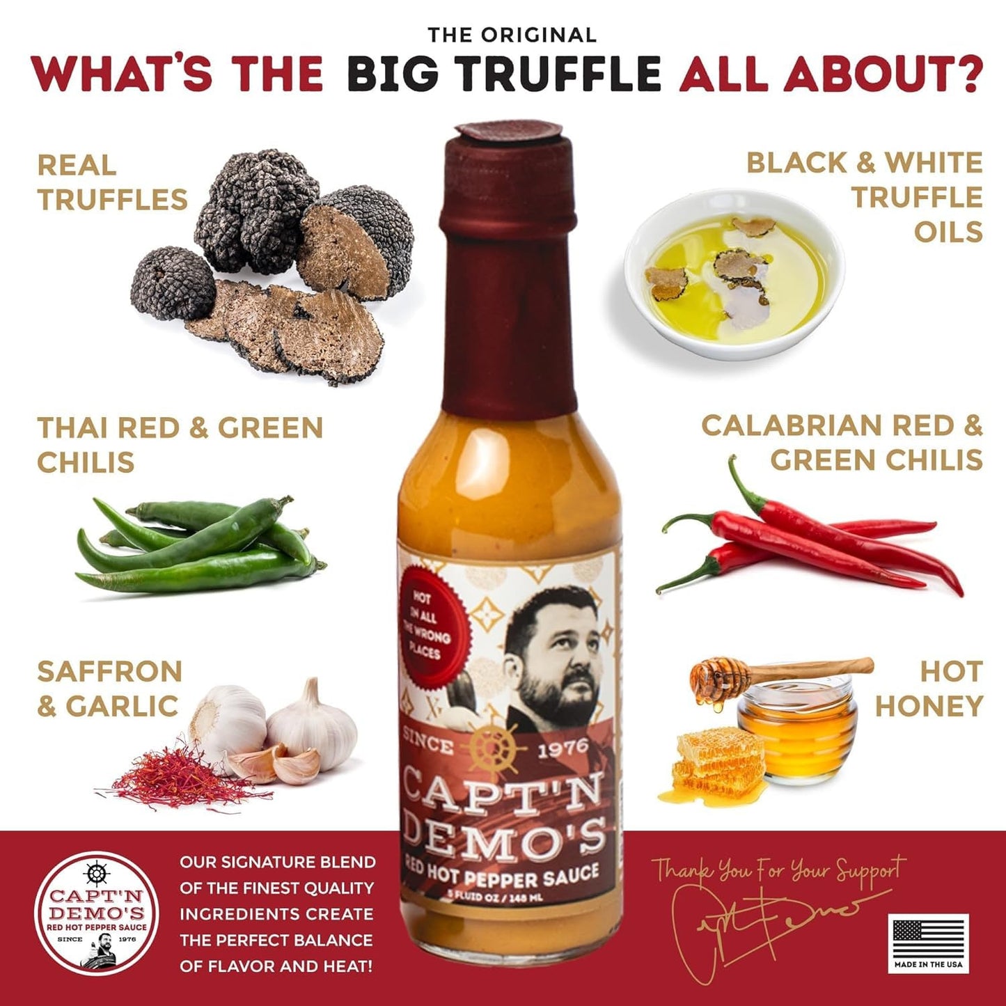 CAPTAIN Demo'S QUAD-DRUFFLE TRUFFLE Red Hot Pepper Sauce - Four Bottle Pack with