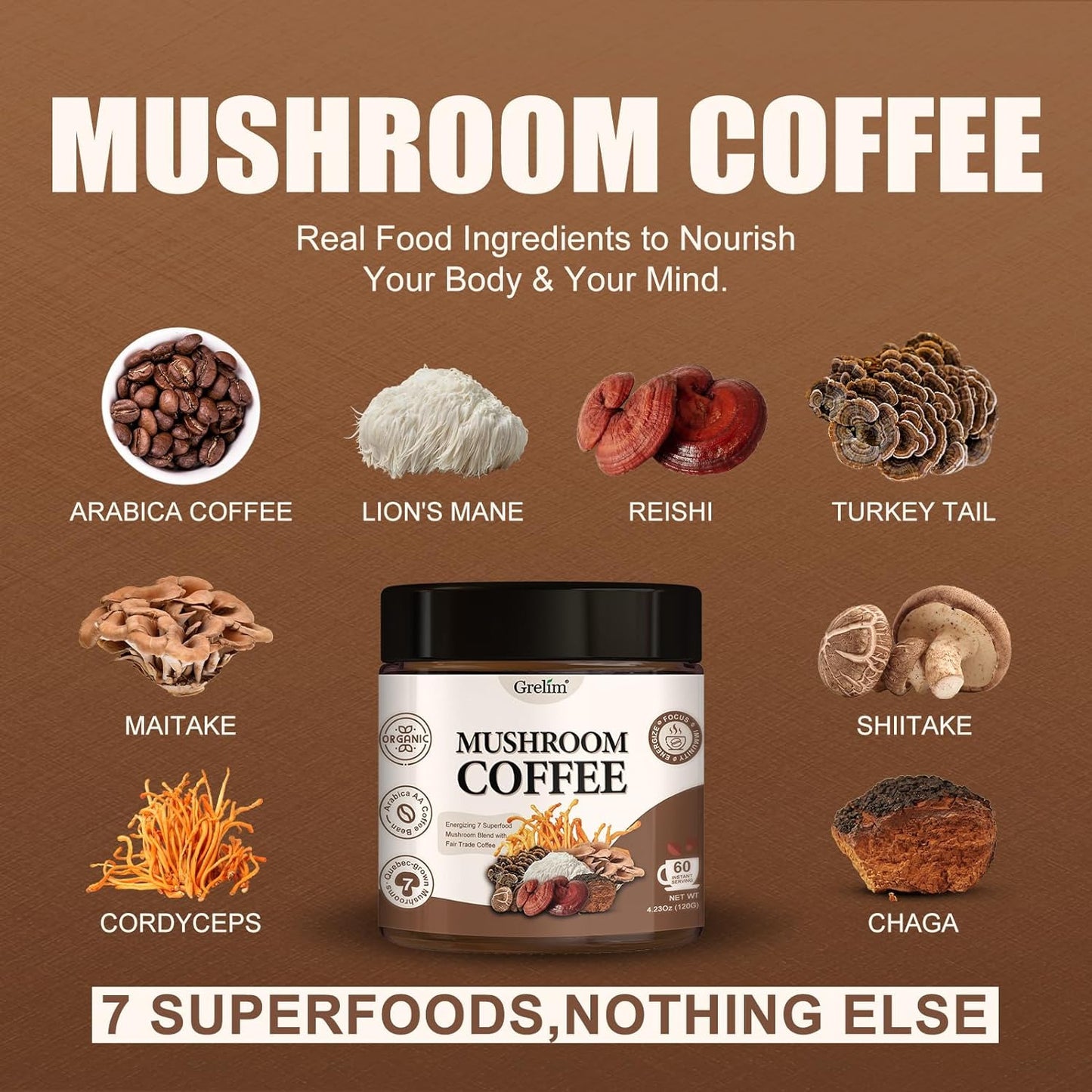 Mushroom Coffee (60 Servings) with 7 Superfood Mushrooms, Great Tasting Arabica