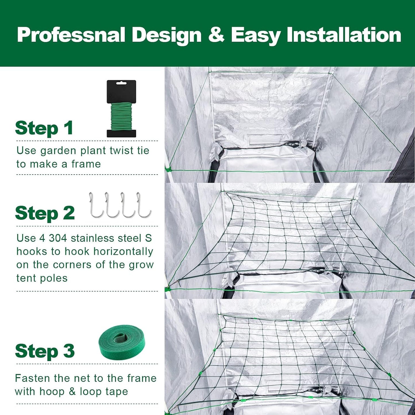 Trellis Netting for 4X4 Ft Grow Tents, Dual-Layer Flexible Net 3X3 Ft with Stain